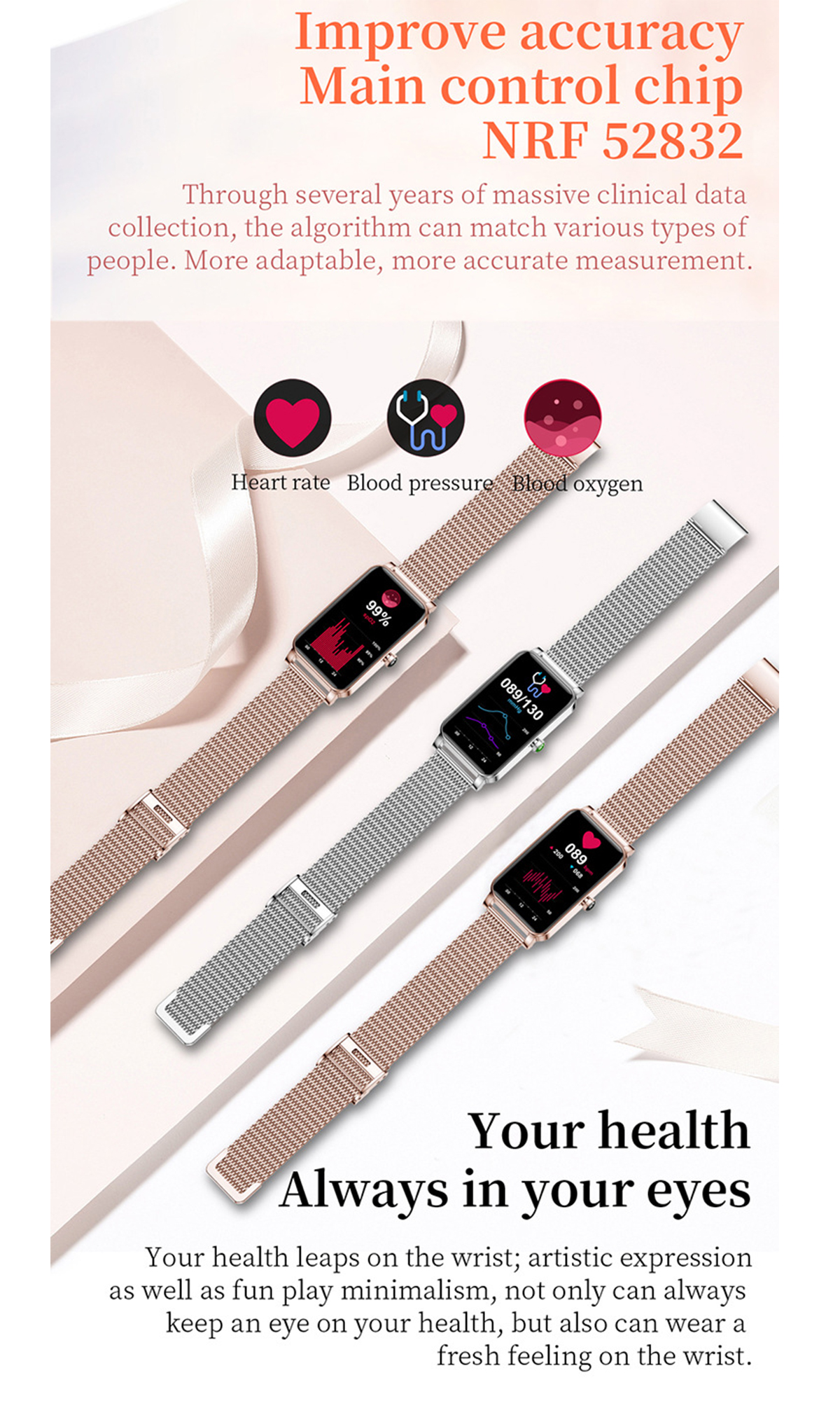 Smartwatches mit Gesundheitsmetriken auf dem Display, präsentiert auf rosa Hintergrund.