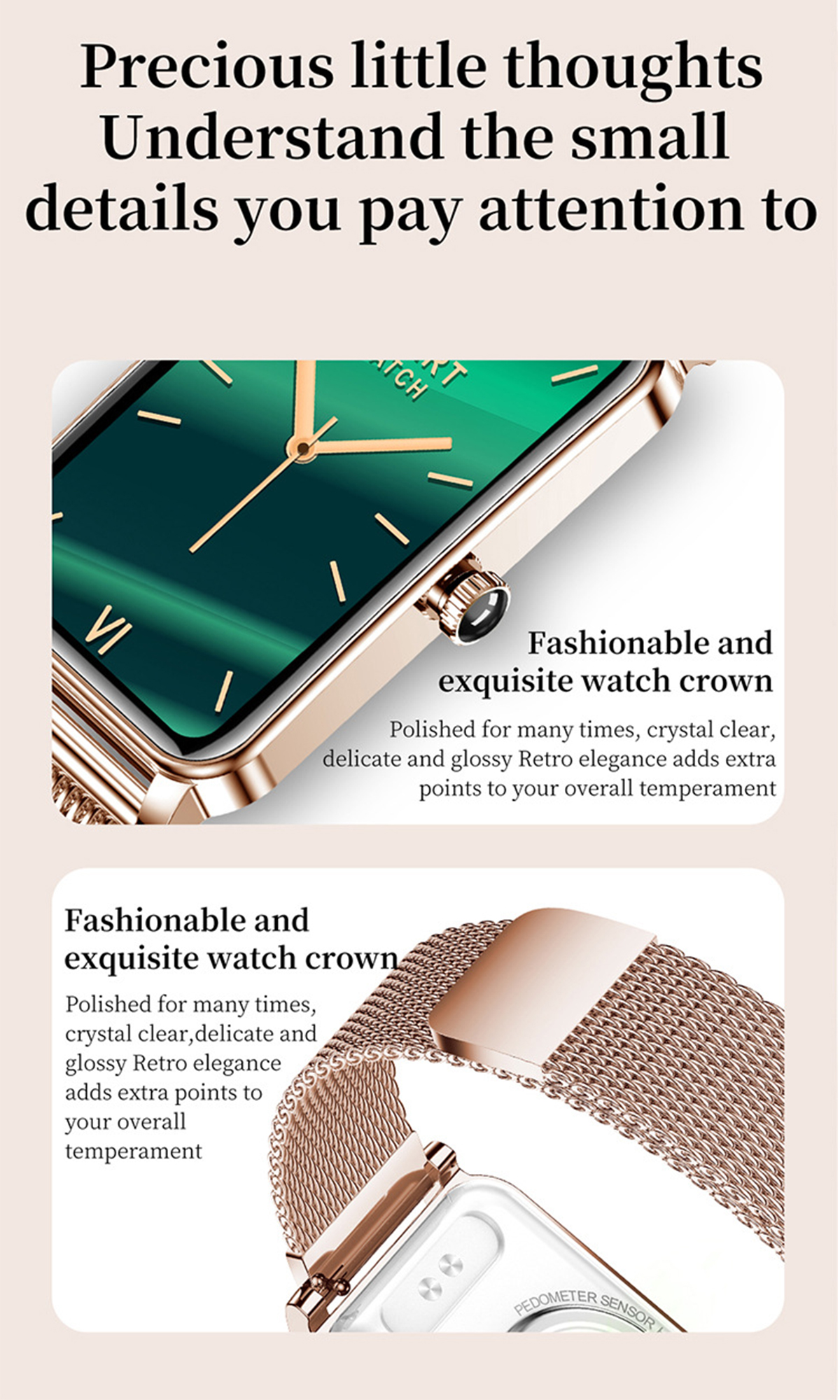 Nahaufnahme einer Uhr, die die Zeit anzeigt. Text: 'Fashionable and exquisite watch crown'.