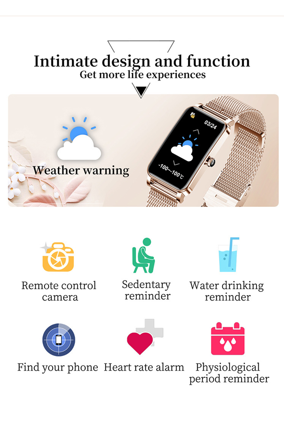 Smartwatch-Funktionen. Wetterwarnung, Fernkamera, Bewegungserinnerung, Trinkerinnerung und mehr.