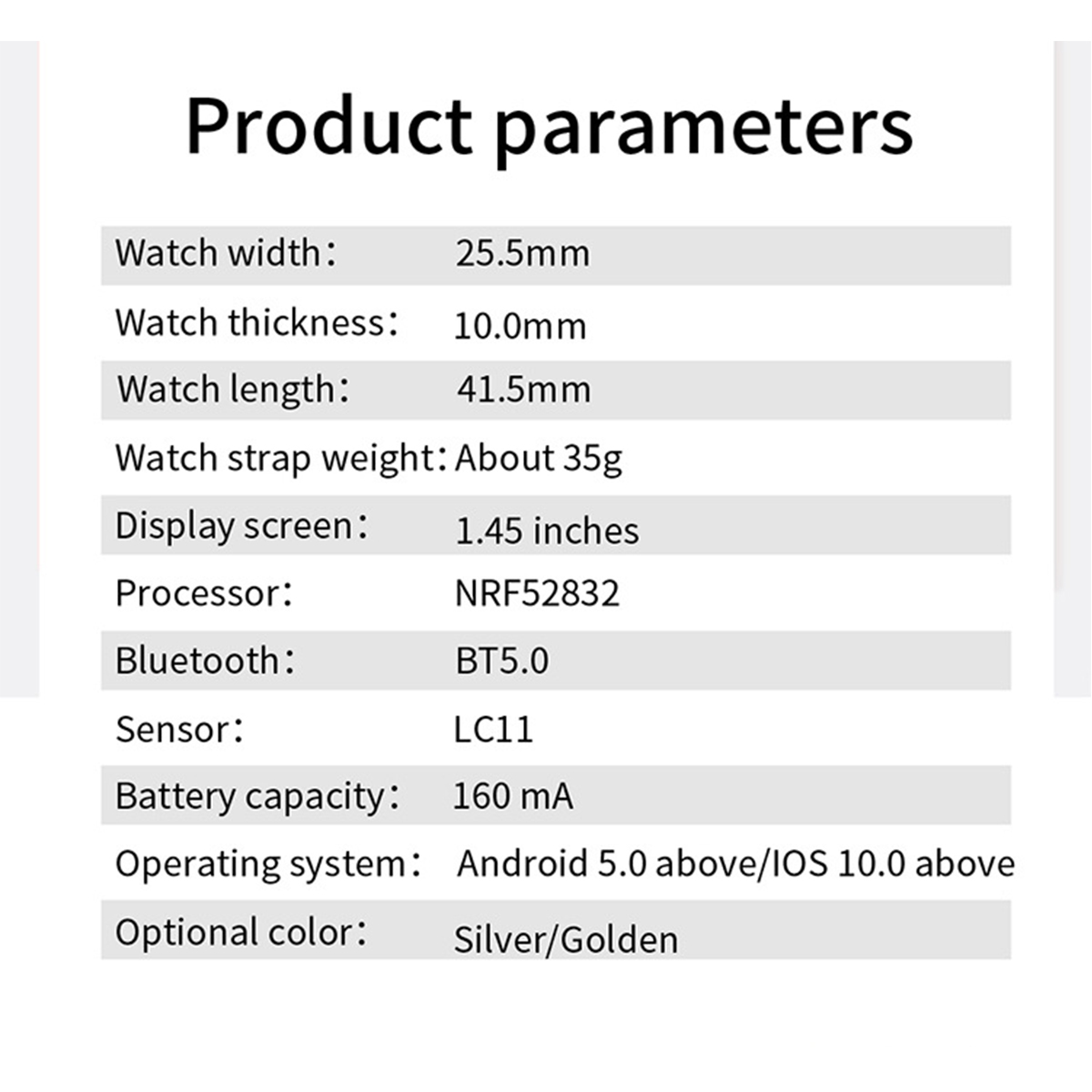 Tabelle mit Smartwatch-Spezifikationen: Größe, Gewicht, Bildschirm, Prozessor, Akku.