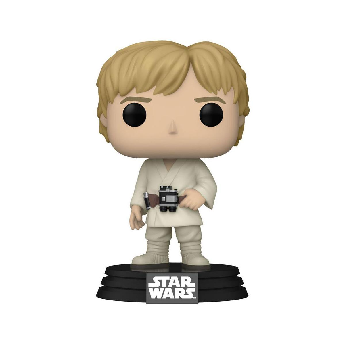 Eine Luke Skywalker Funko Pop Figur auf schwarzem Sockel, trägt ein cremefarbenes Outfit.
