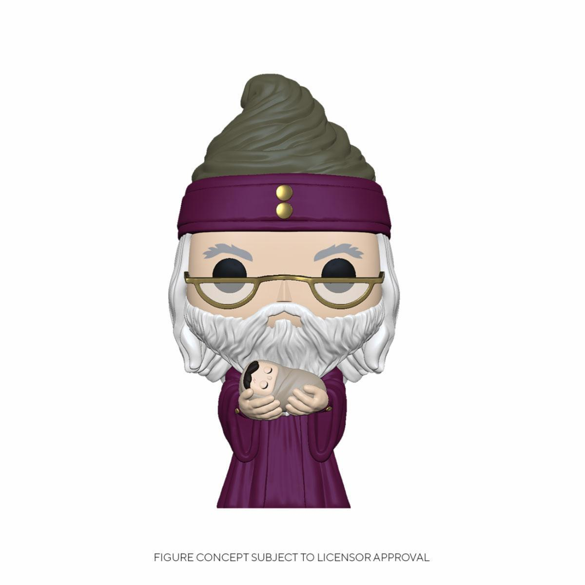 Figura Funko Pop di Silente che tiene in braccio un bambino. Indossa una veste viola e un cappello, su sfondo bianco.