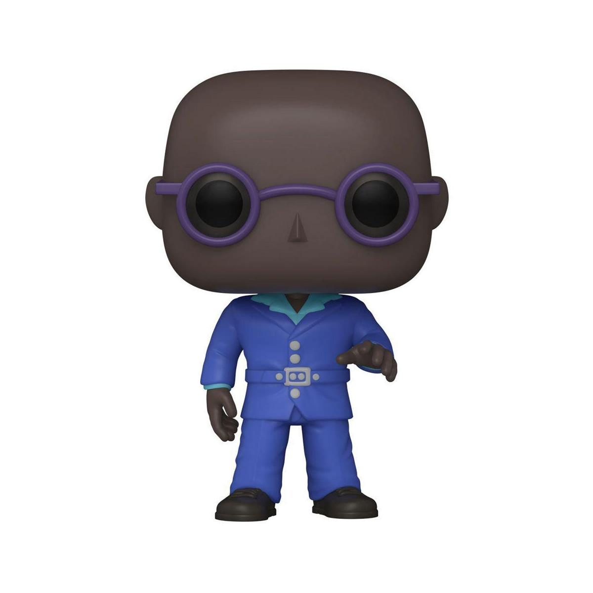 Figura Funko Pop di un uomo nero con occhiali e abito blu, in piedi e che indica.