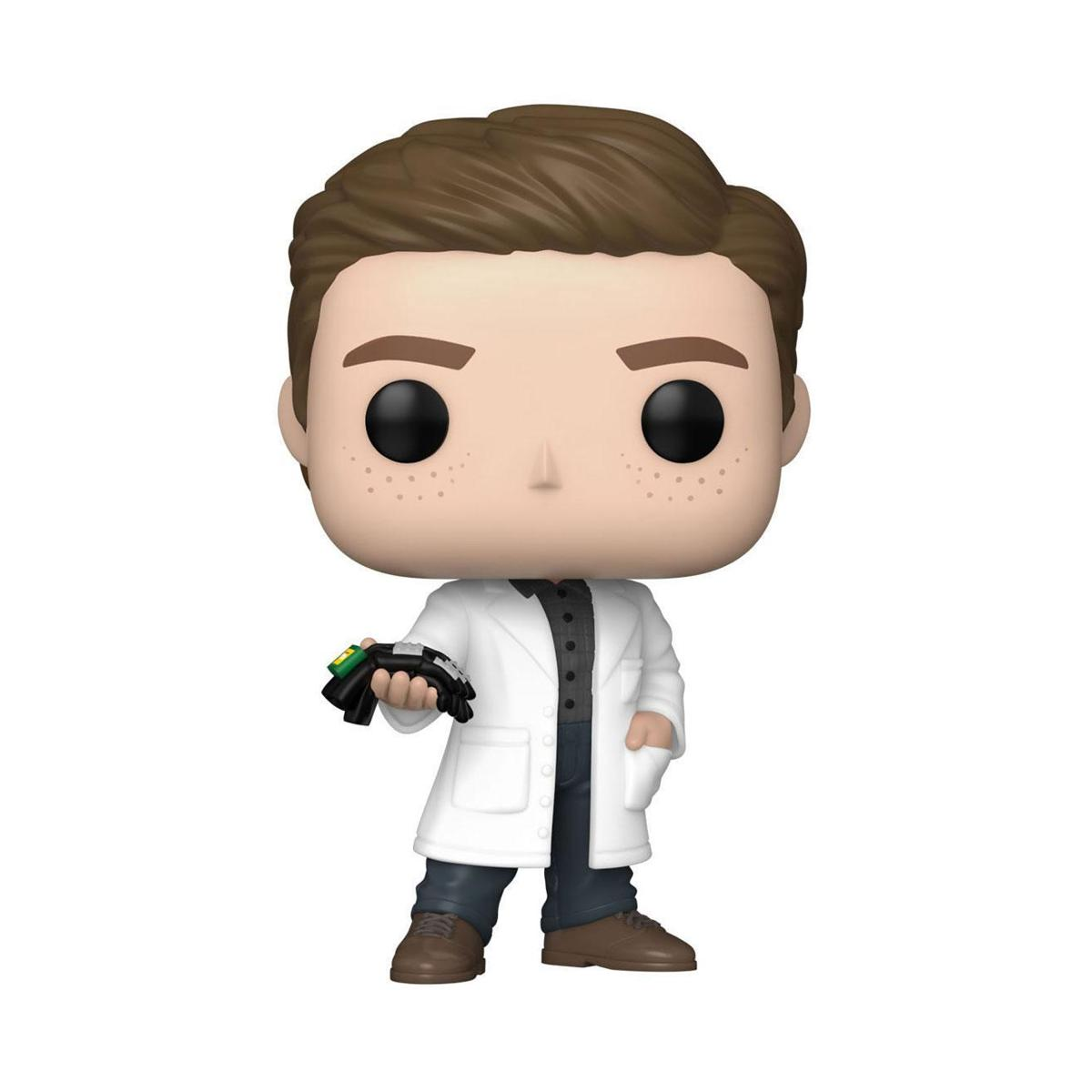 Figura Funko Pop di un uomo con camice bianco che tiene carte, con capelli castani e lentiggini.