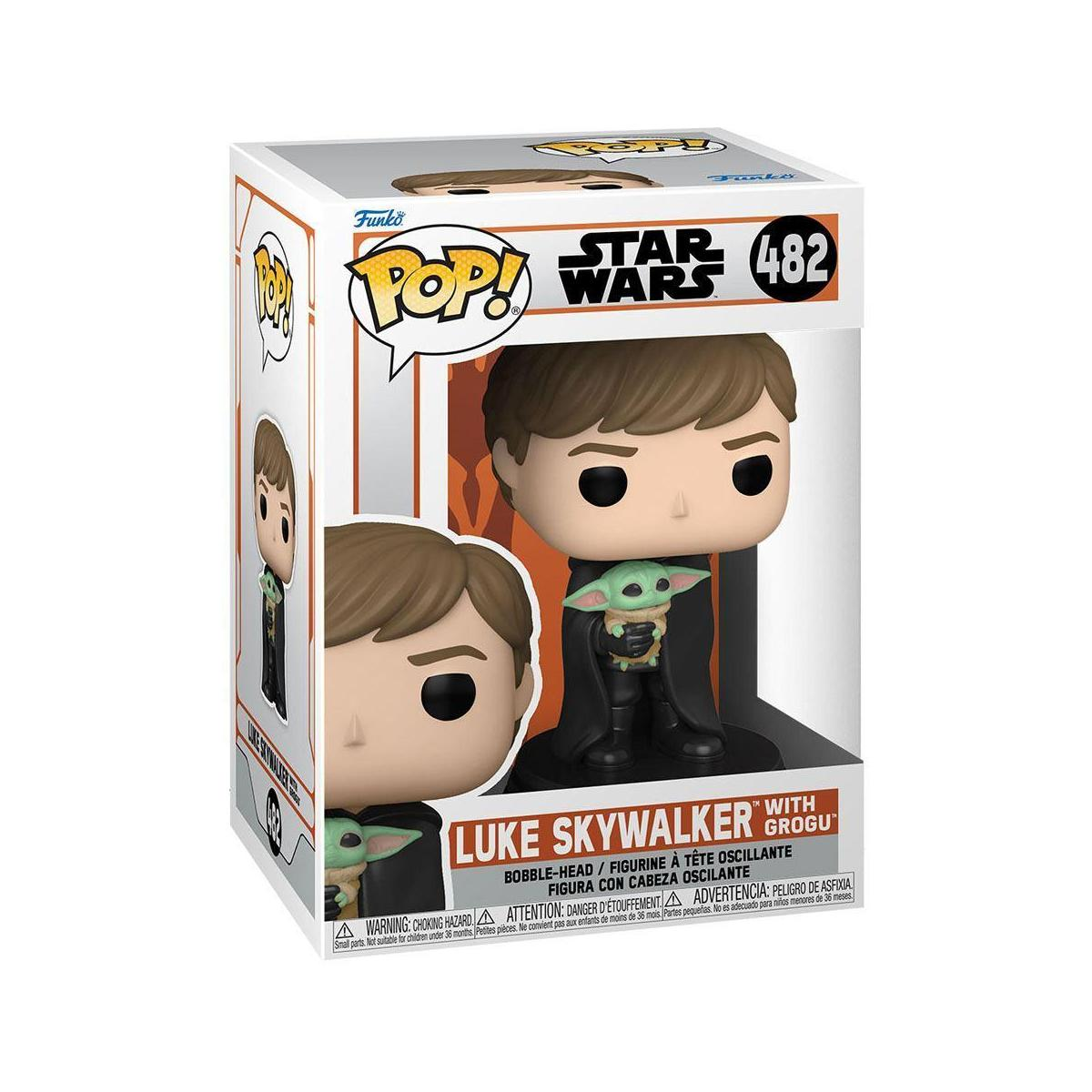 Scatola Funko Pop, statuetta di Star Wars Luke Skywalker con Grogu e immagine della scatola.