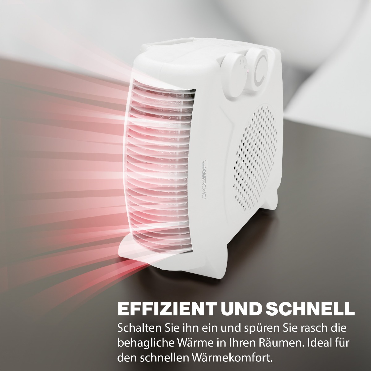 Biały grzejnik elektryczny z czerwonym przepływem powietrza. Tekst na dole: Wydajne i szybkie ogrzewanie.