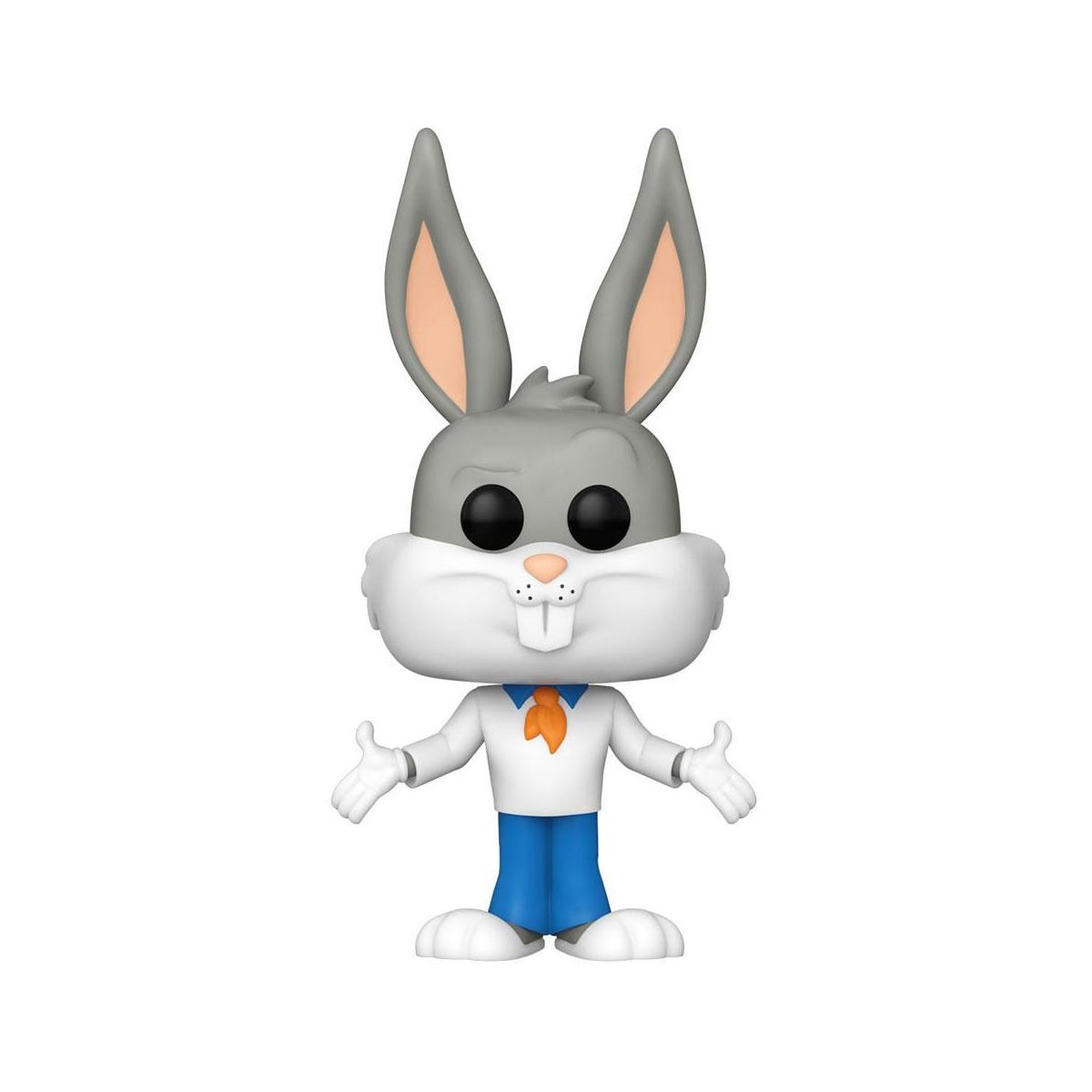 Bugs Bunny Figur. Grauer Hase mit langen Ohren, weißer Brust, blauer Hose, orangefarbener Krawatte.