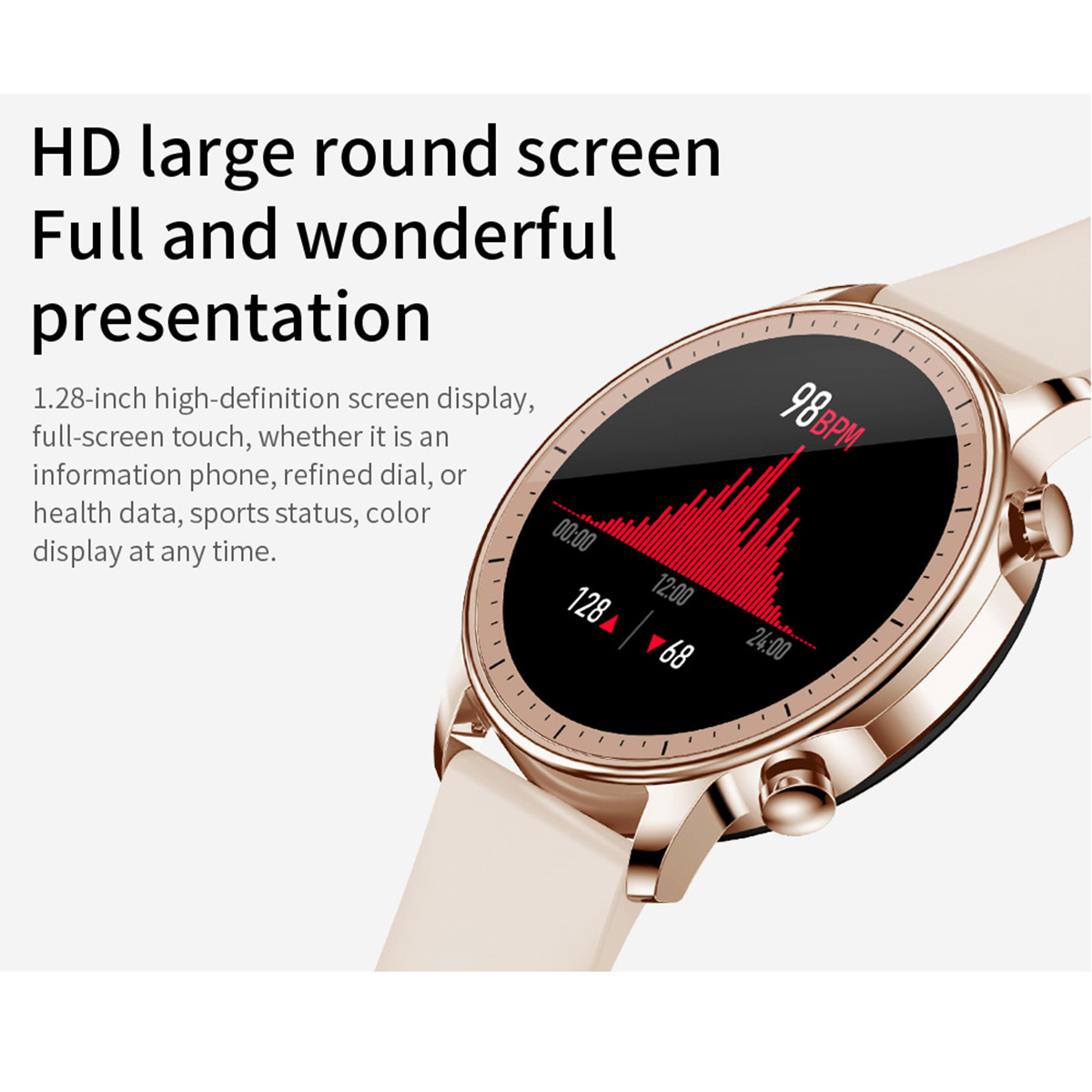 Roségoldene Smartwatch mit Herzfrequenzdiagramm. Text: HD large round screen.