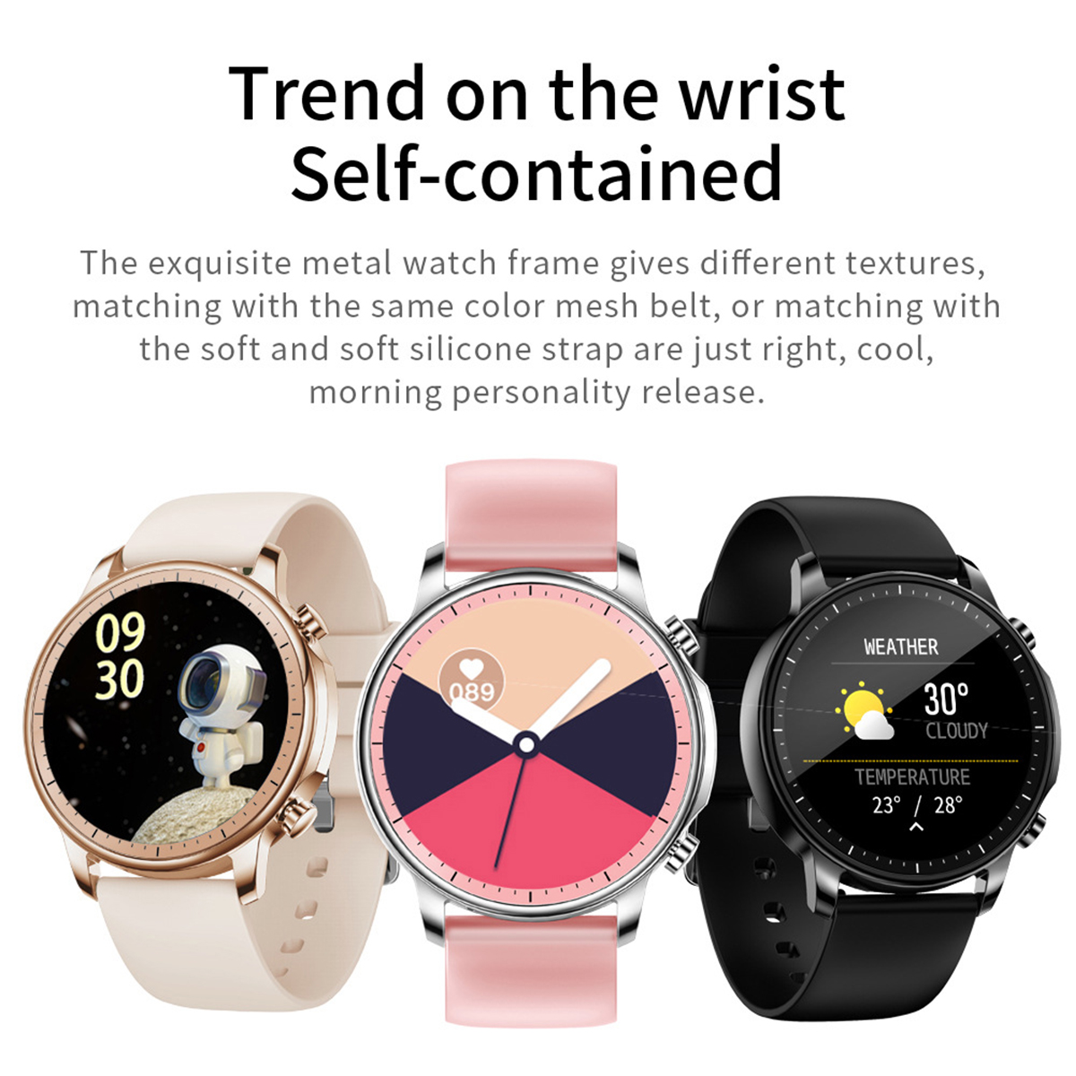 Drei Smartwatches mit Textüberlagerung. Die Uhren haben unterschiedliche Farben und Designs.