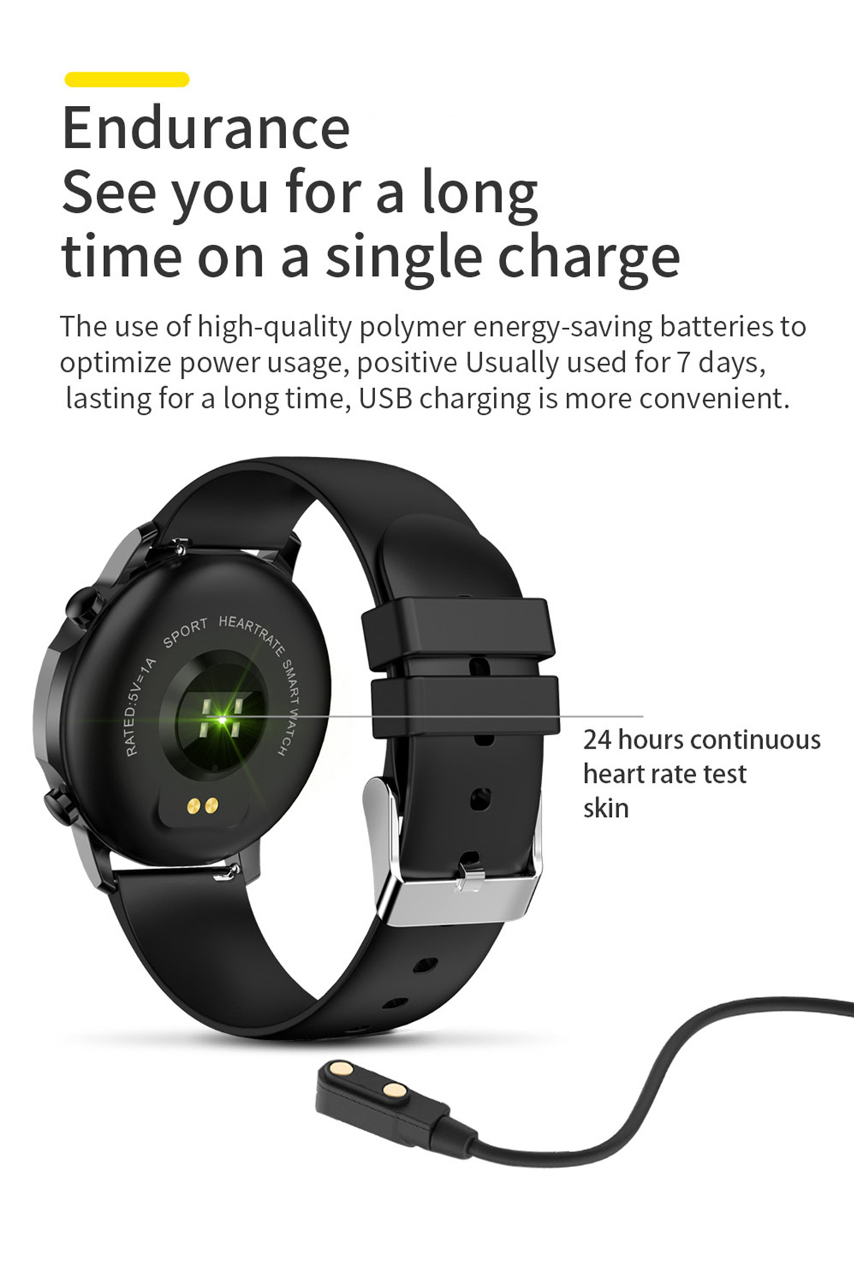 Schwarze Smartwatch mit Ladegerät, Rückseite und Bildschirm mit Herzfrequenzdaten.