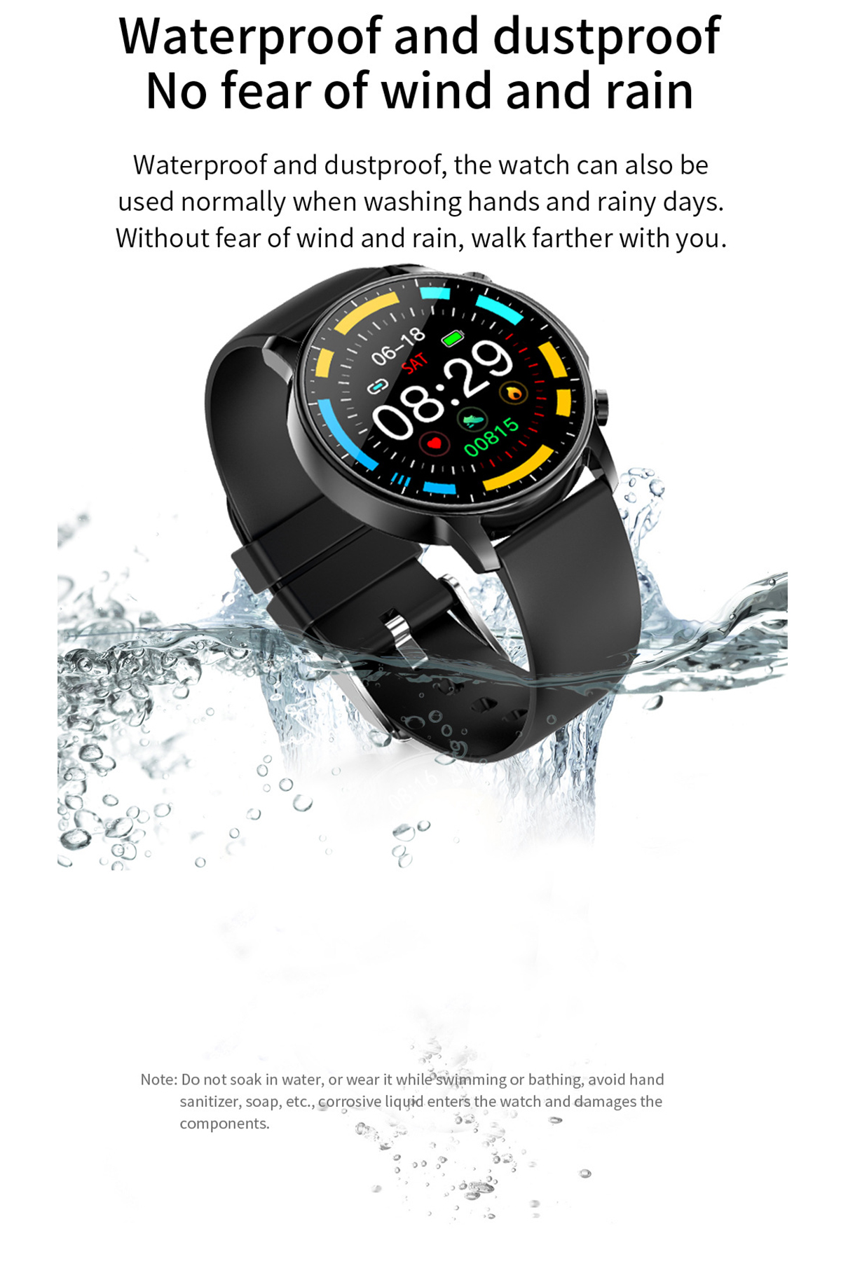 Eine schwarze Smartwatch im Wasser. Die Uhr zeigt die Uhrzeit an. Text oben: 'Waterproof and dustproof'.