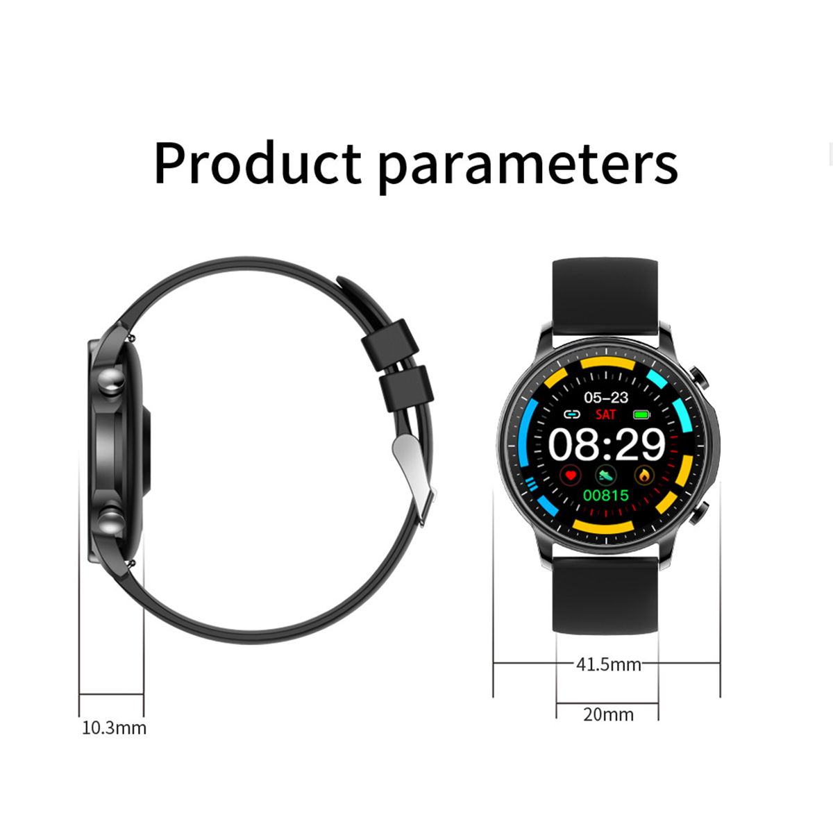 Smartwatch mit Abmessungen. Seiten- und Frontansicht mit angezeigter Zeit.