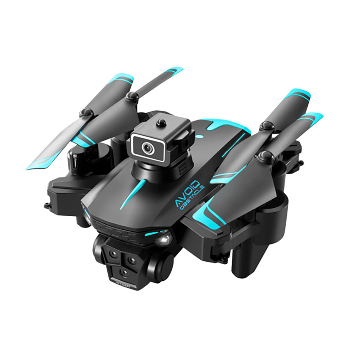 Un dron negro y azul con cuatro hélices y una cámara, etiquetado como 'AVOID OBSTACLE'.