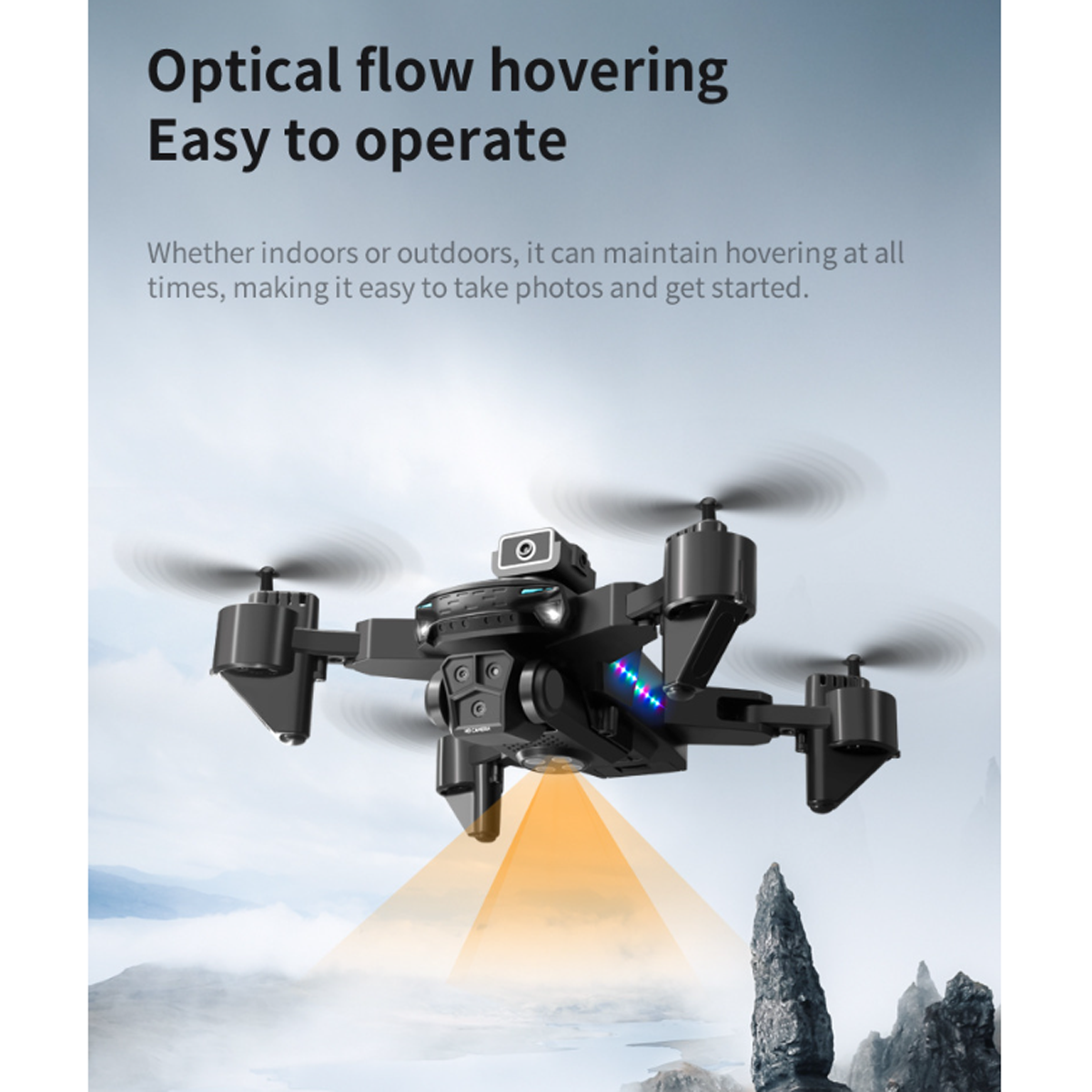Un dron negro con cámara está flotando. El texto indica que es fácil de operar y flotar.