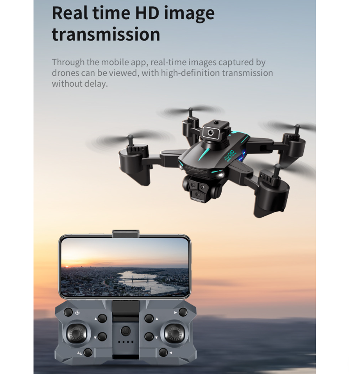 Un dron negro y gris en vuelo, con un teléfono inteligente y un control remoto en primer plano.
