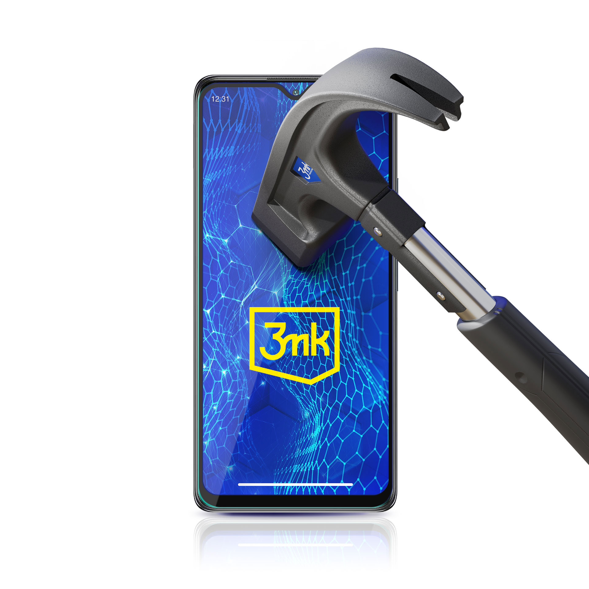 Telefon jest uderzany młotkiem. Ekran telefonu pokazuje niebieski wzór i markę 3mk.
