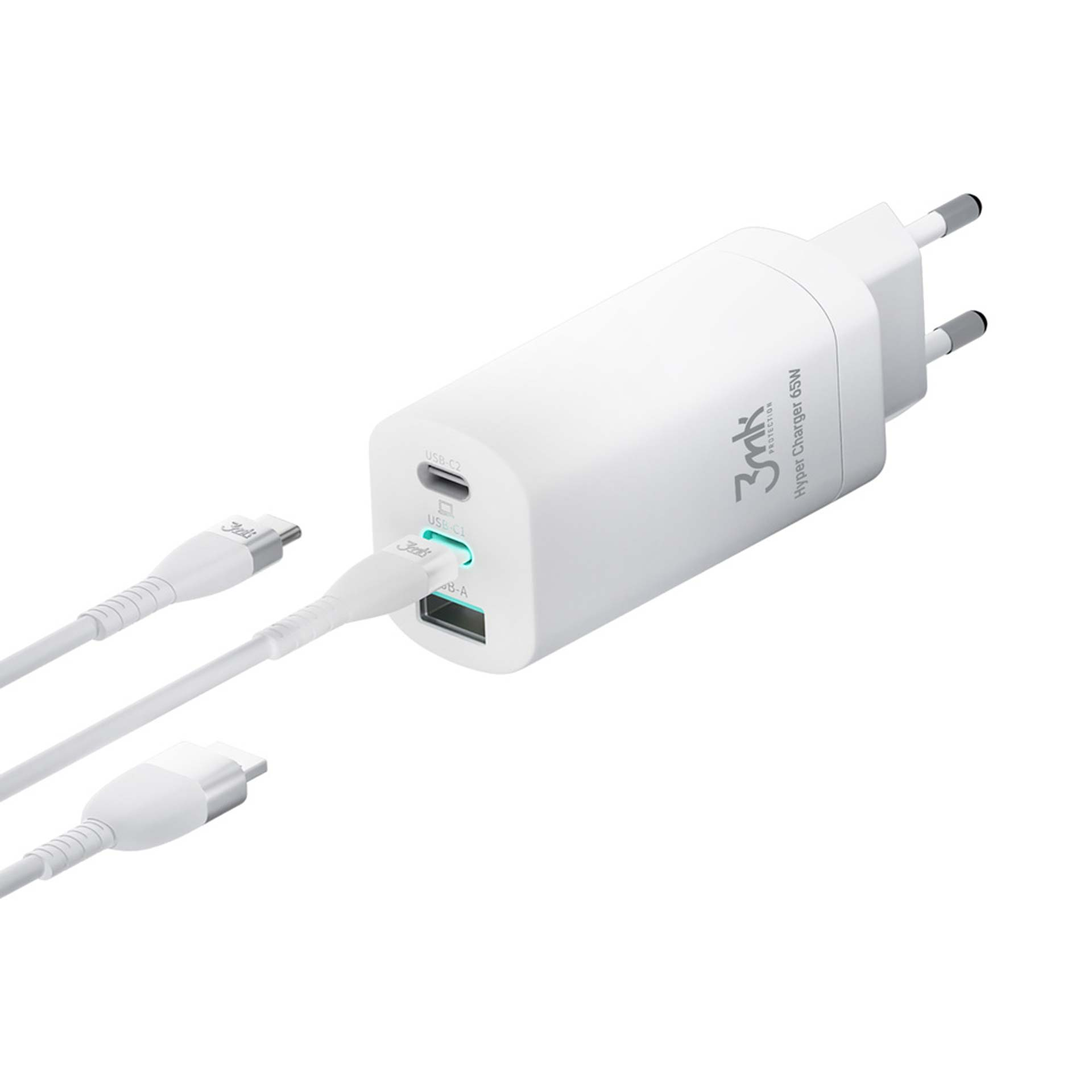 Biała ładowarka z dwoma portami USB i portem USB-C, z dołączonymi białymi kablami do ładowania.