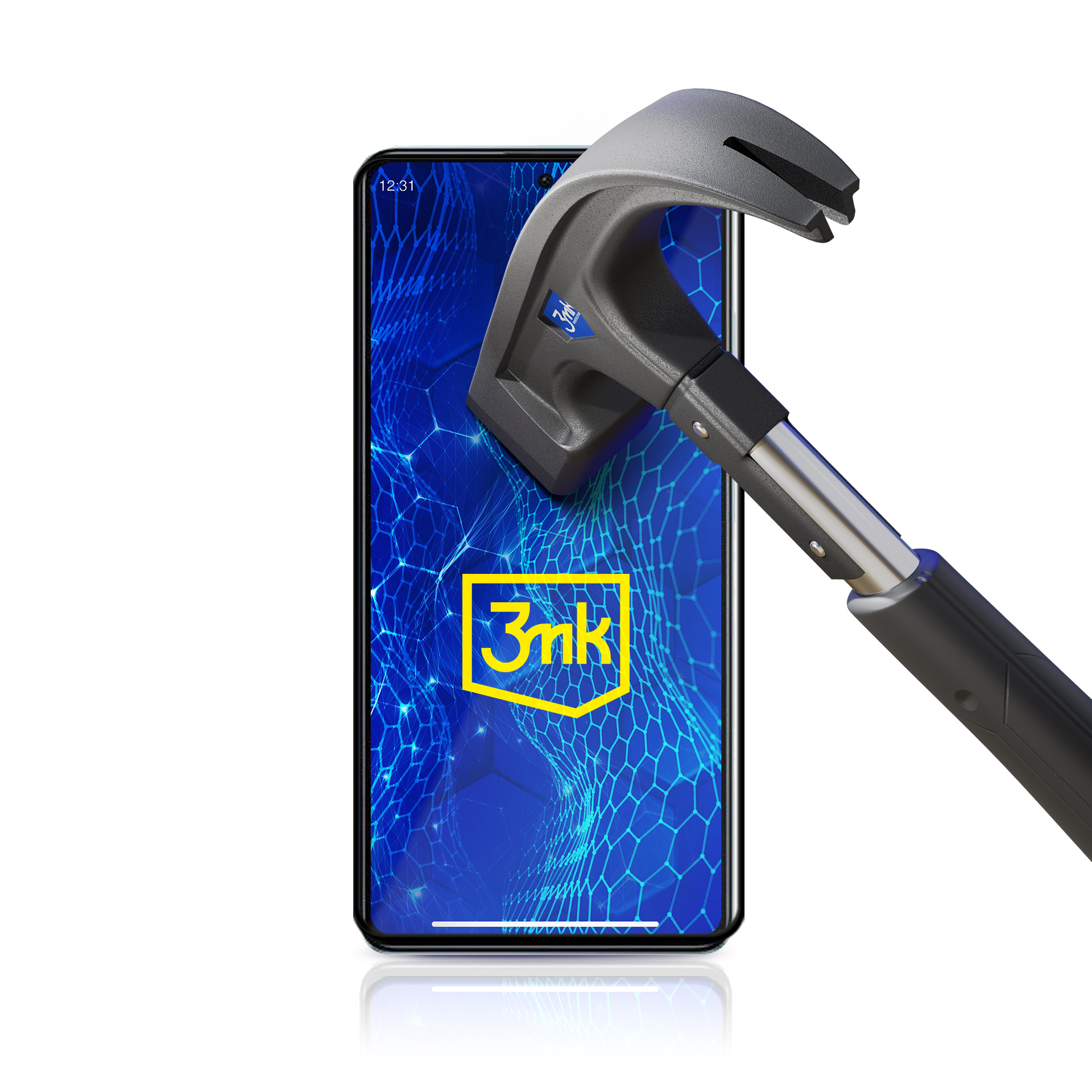 Młotek uderzający w ekran telefonu. Ekran jest niebieski z logo 3mk. Młotek jest szary, a tło białe.
