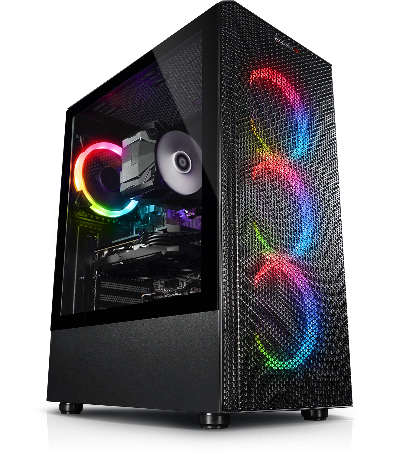 Ein schwarzes Computergehäuse mit RGB-Beleuchtung an der Vorderseite und sichtbaren Komponenten innen.