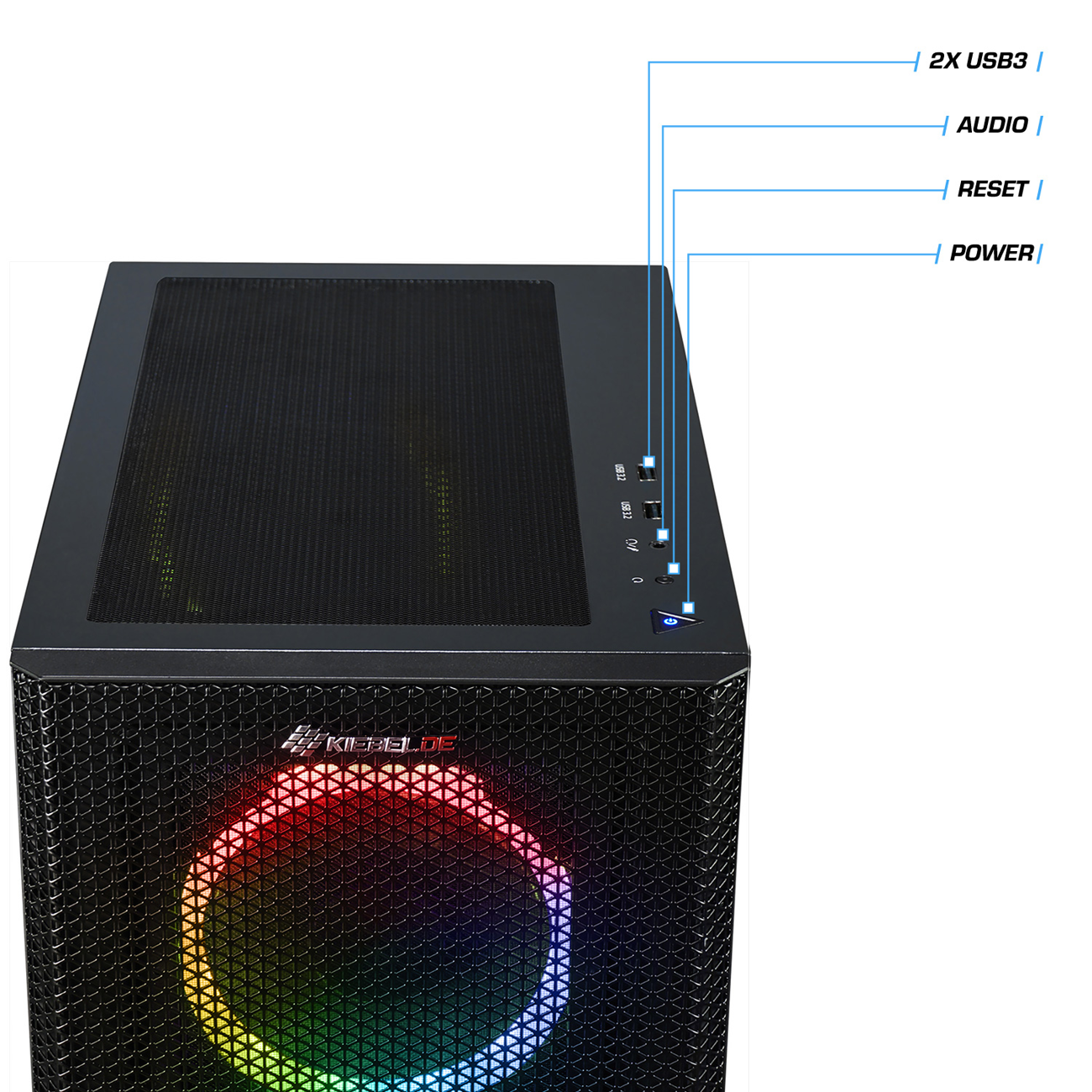 Schwarzes Computergehäuse mit Knöpfen und USB-Anschlüssen. Ein farbenfroher RGB-Lichtkreis ist sichtbar.