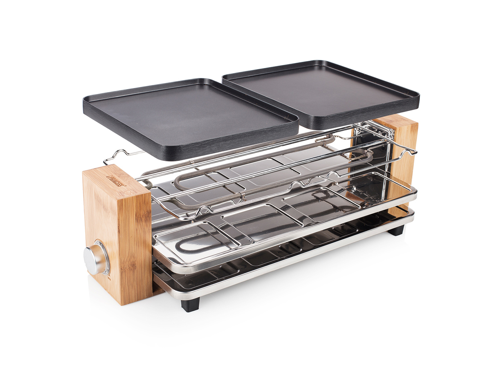 Ein Grill mit zwei schwarzen Kochplatten, Metallheizelementen und Holzseitenakzenten.