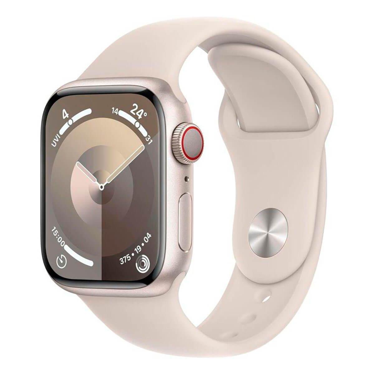 Apple Watch con caja dorada y correa crema, sobre fondo blanco.