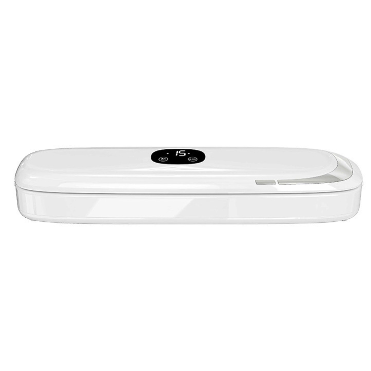 Weißer, rechteckiger UV-Sterilisator mit Digitalanzeige. Er ist geschlossen und hat eine abgerundete Form.