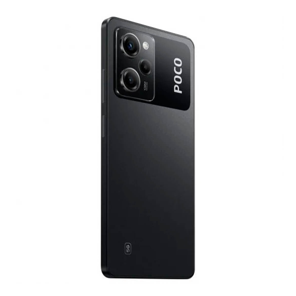 Téléphone Poco noir, vue arrière, montrant les caméras et le logo Poco. Le téléphone a une indication 5G.