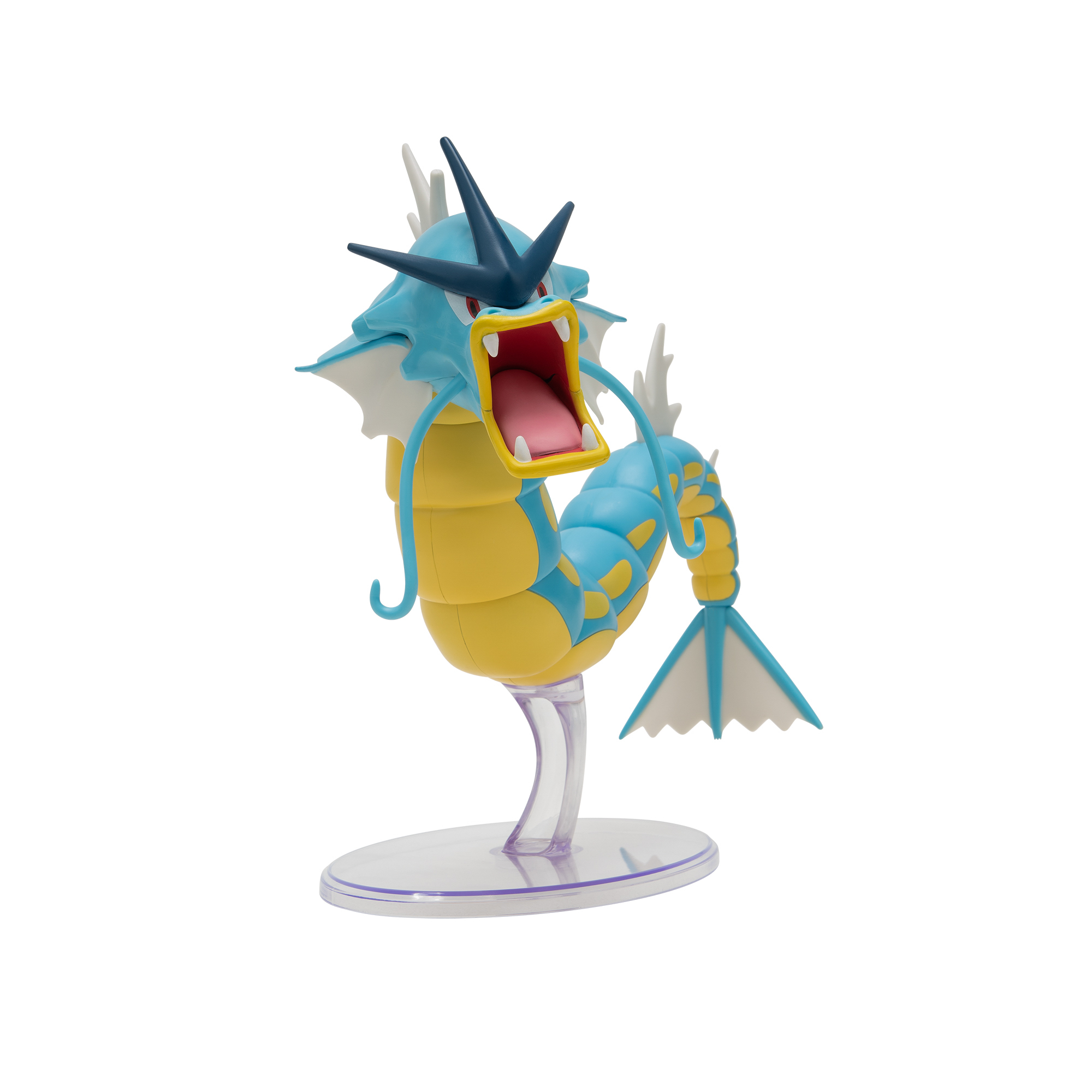 Eine Gyarados Pokémon-Figur. Sie ist blau und gelb mit offenem Mund, auf einem durchsichtigen Ständer.