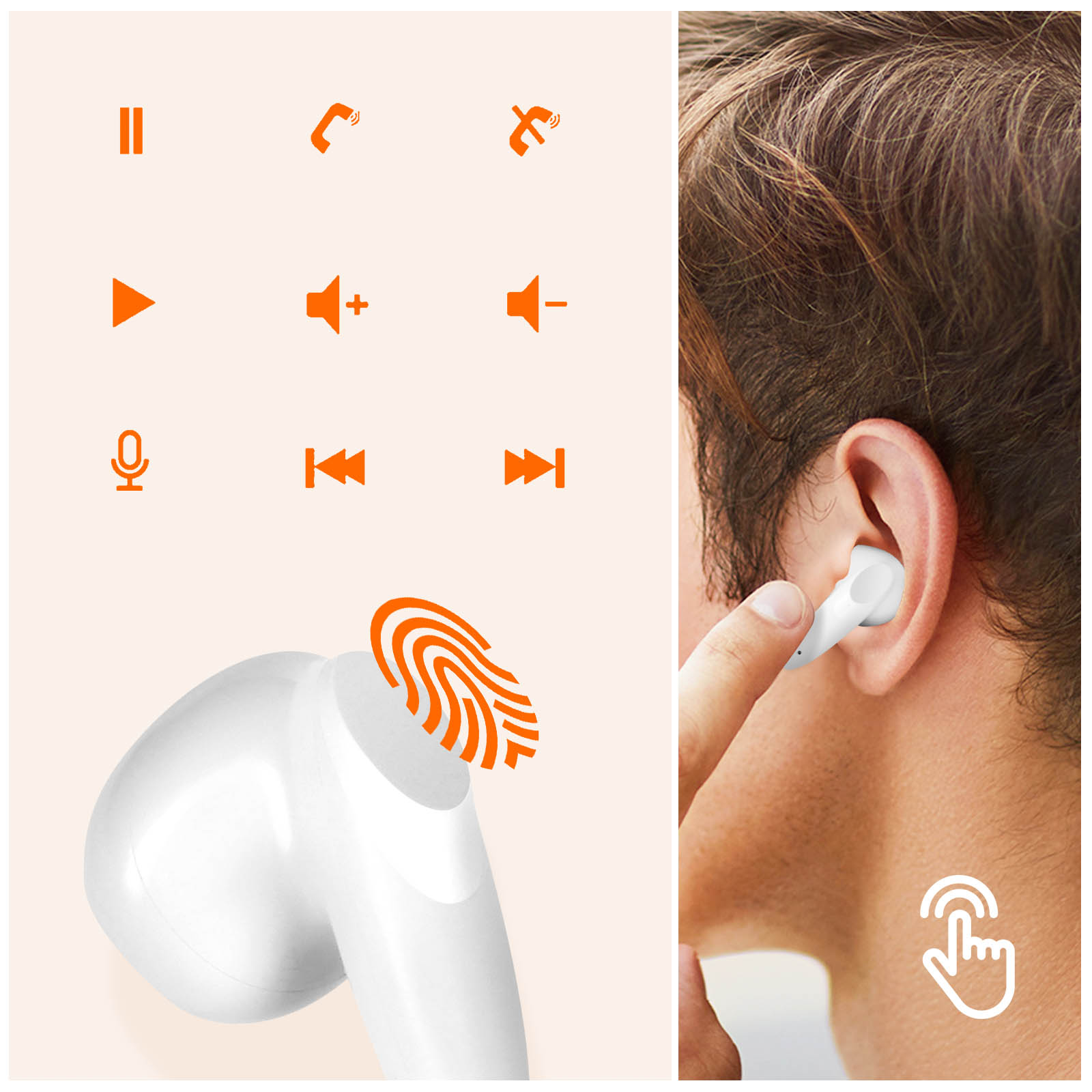 Ohrhörer mit Touch-Steuerung und Musiksteuerungssymbolen. Das linke Bild hat Fingerabdrucksensor-Details.