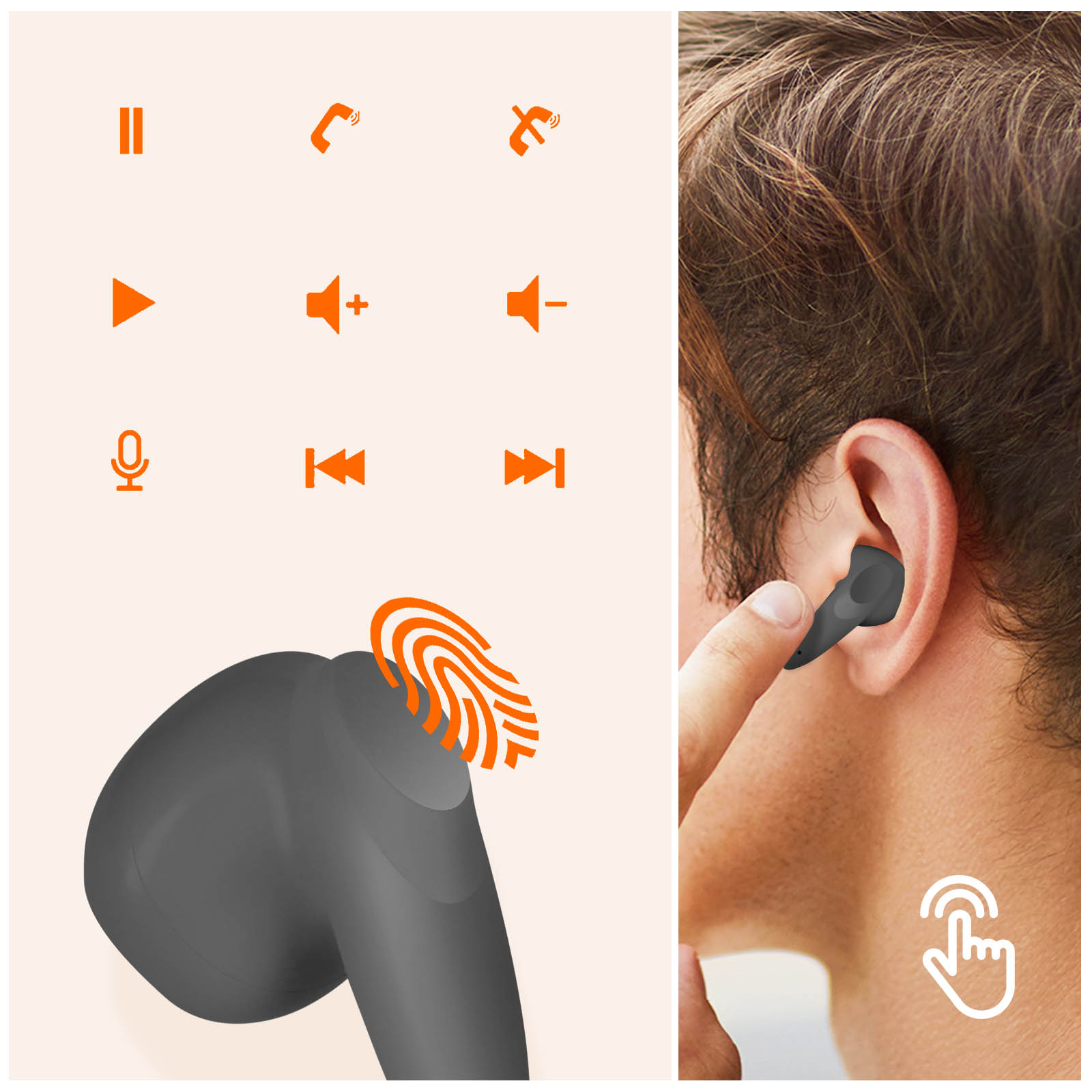 Auricolari con icone di controllo touch e una persona che li indossa. Icone arancioni.