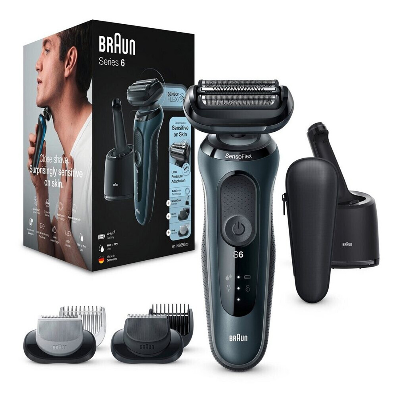 Elektrorasierer Braun Series 6 mit Zubehör und Verpackung, vor weißem Hintergrund.