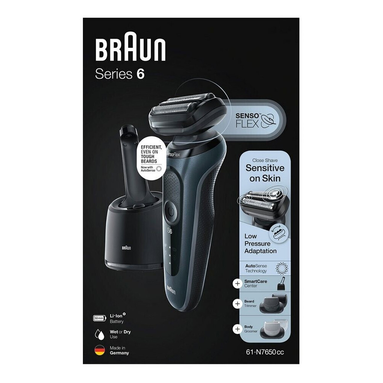 Braun Series 6 Rasierer. Inklusive Basis, Rasierer und Zubehör. Eigenschaften sind auf der Box hervorgehoben.