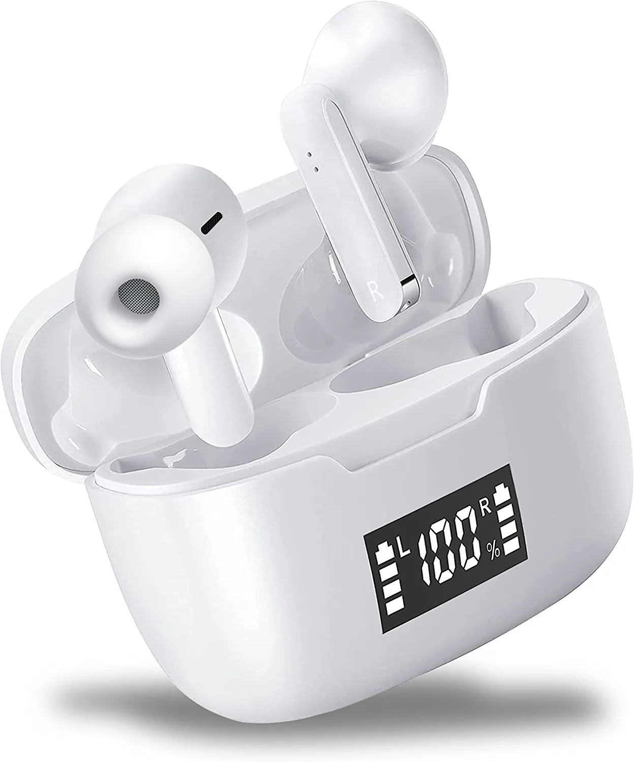 Białe bezprzewodowe słuchawki w białym etui ładującym, z wyświetlaczem 100%.