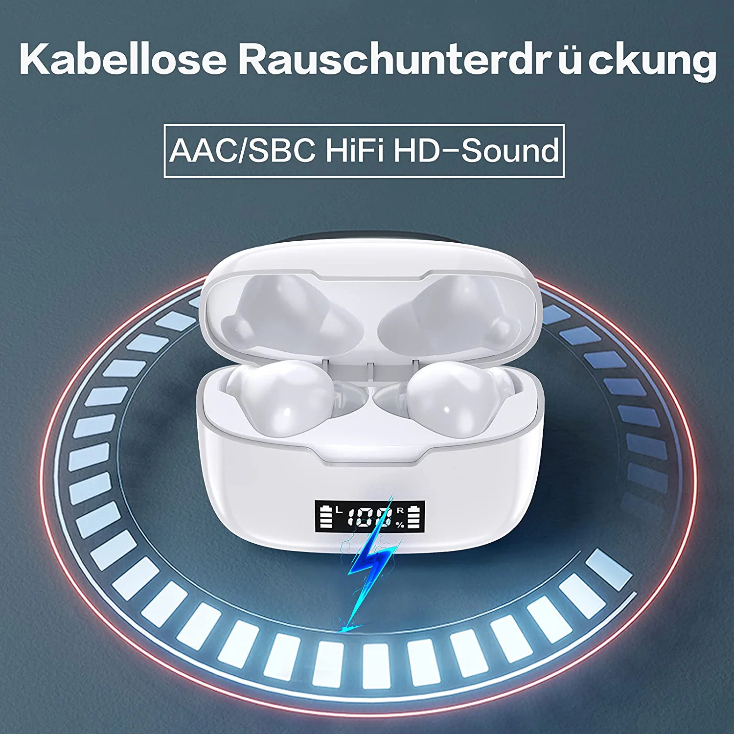 Białe etui na słuchawki, otwarte, odsłaniające słuchawki. Niebieski pierścień świetlny wokół etui. Wyświetlacz baterii.