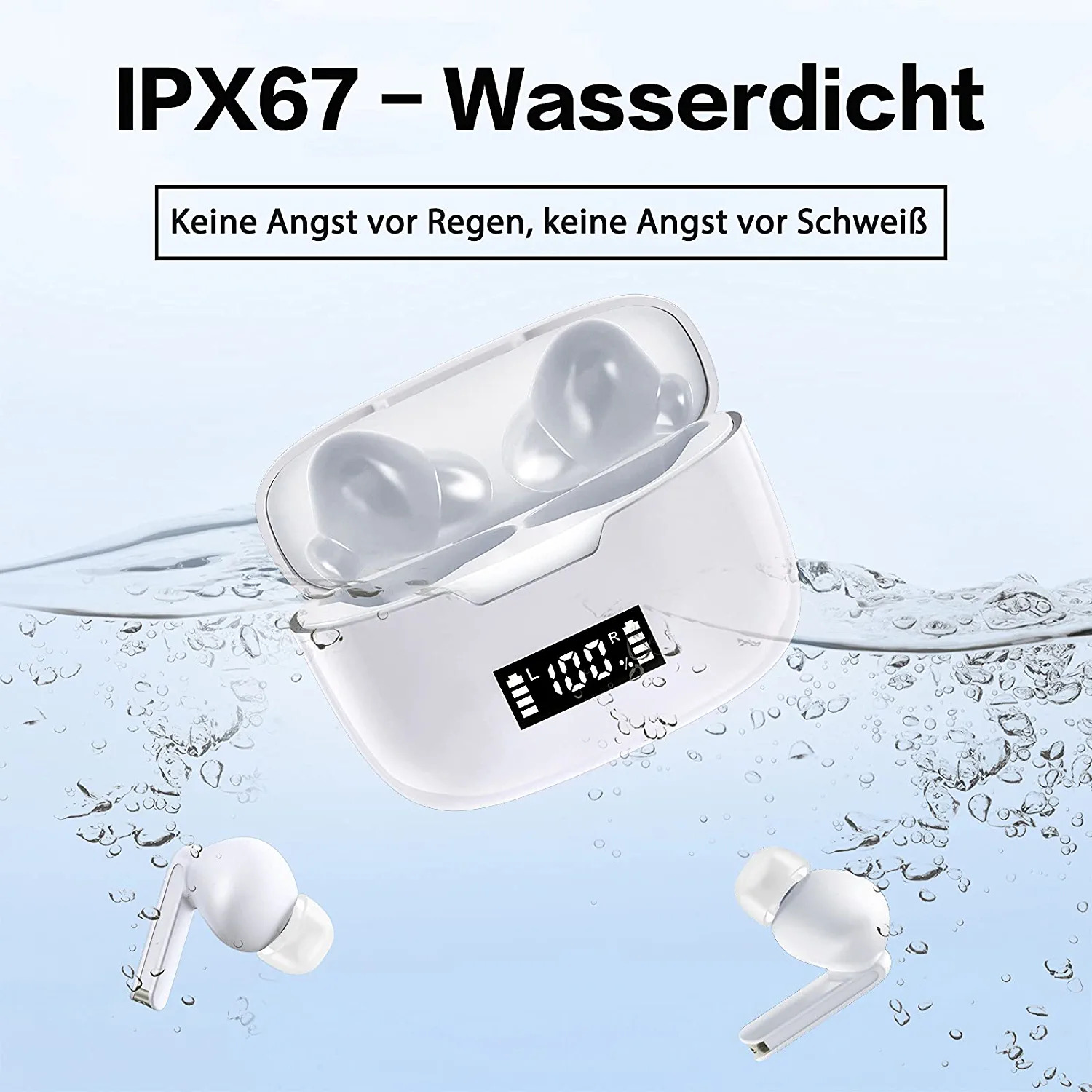 Białe słuchawki douszne w etui ładującym. Etui otwarte, widać słuchawki. Krople wody.