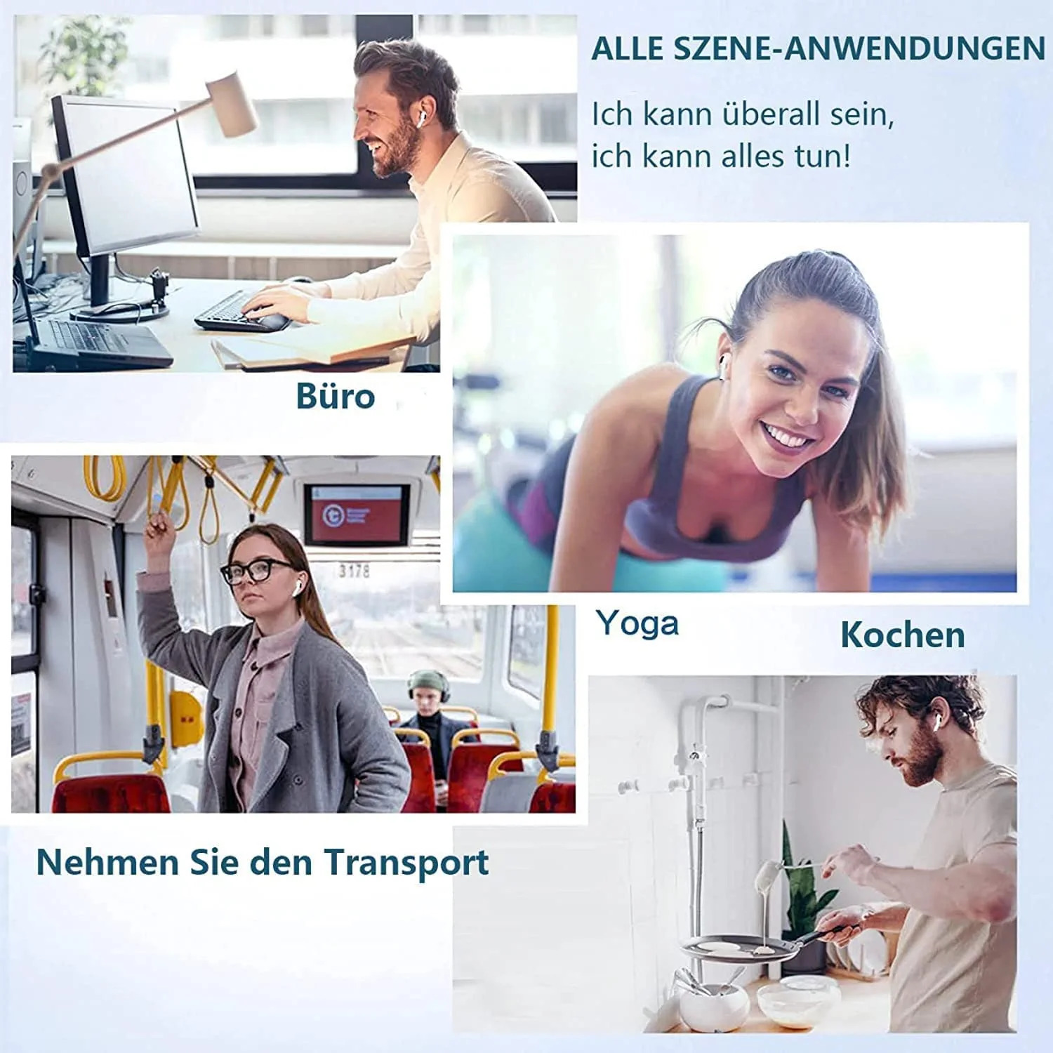 Kolaż pokazujący ludzi używających bezprzewodowych słuchawek w biurze, na jodze, w autobusie i w kuchni.