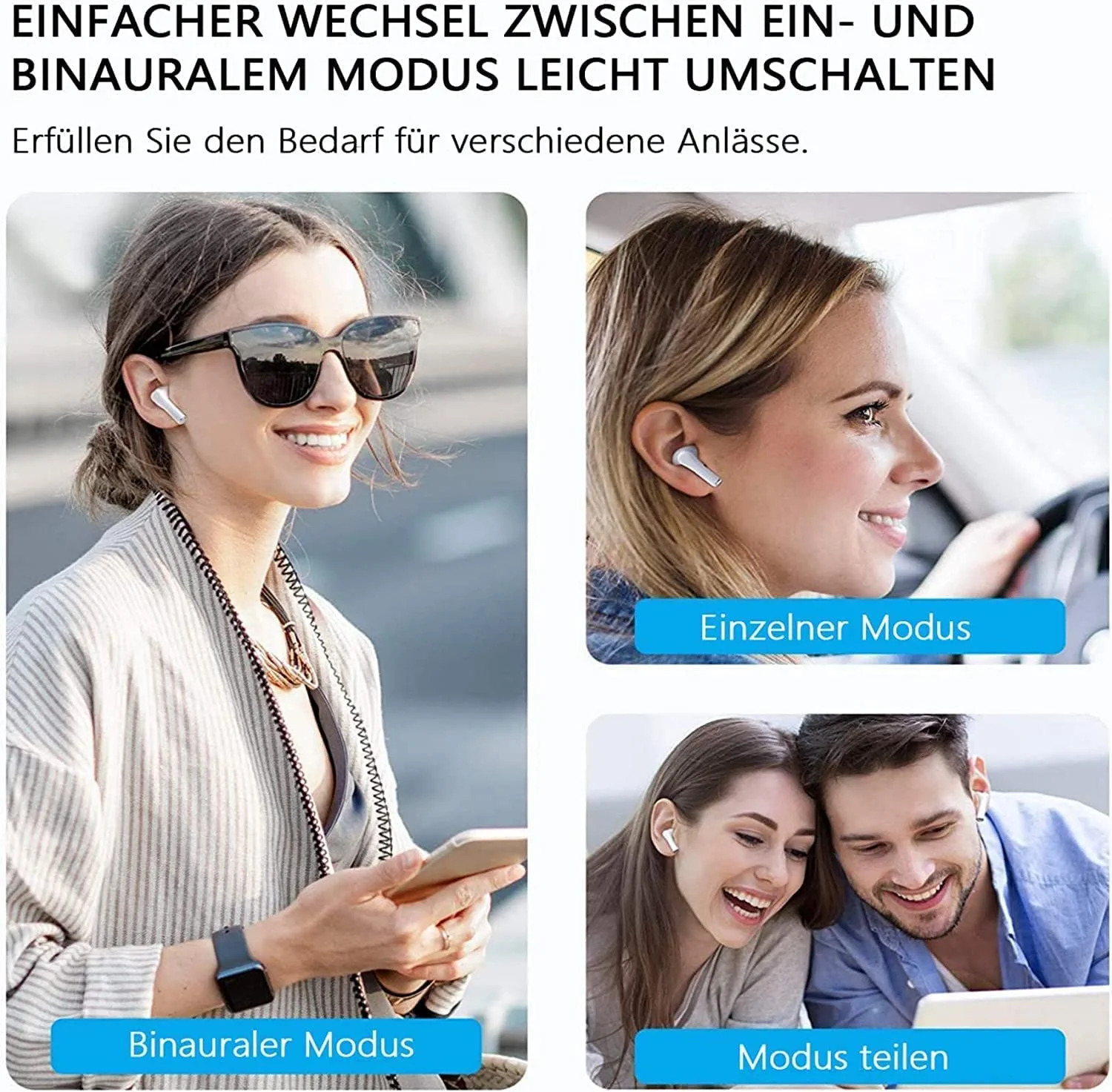 Trzy zdjęcia przedstawiają kobiety używające bezprzewodowych słuchawek w różnych sytuacjach: same, w samochodzie i z partnerem.