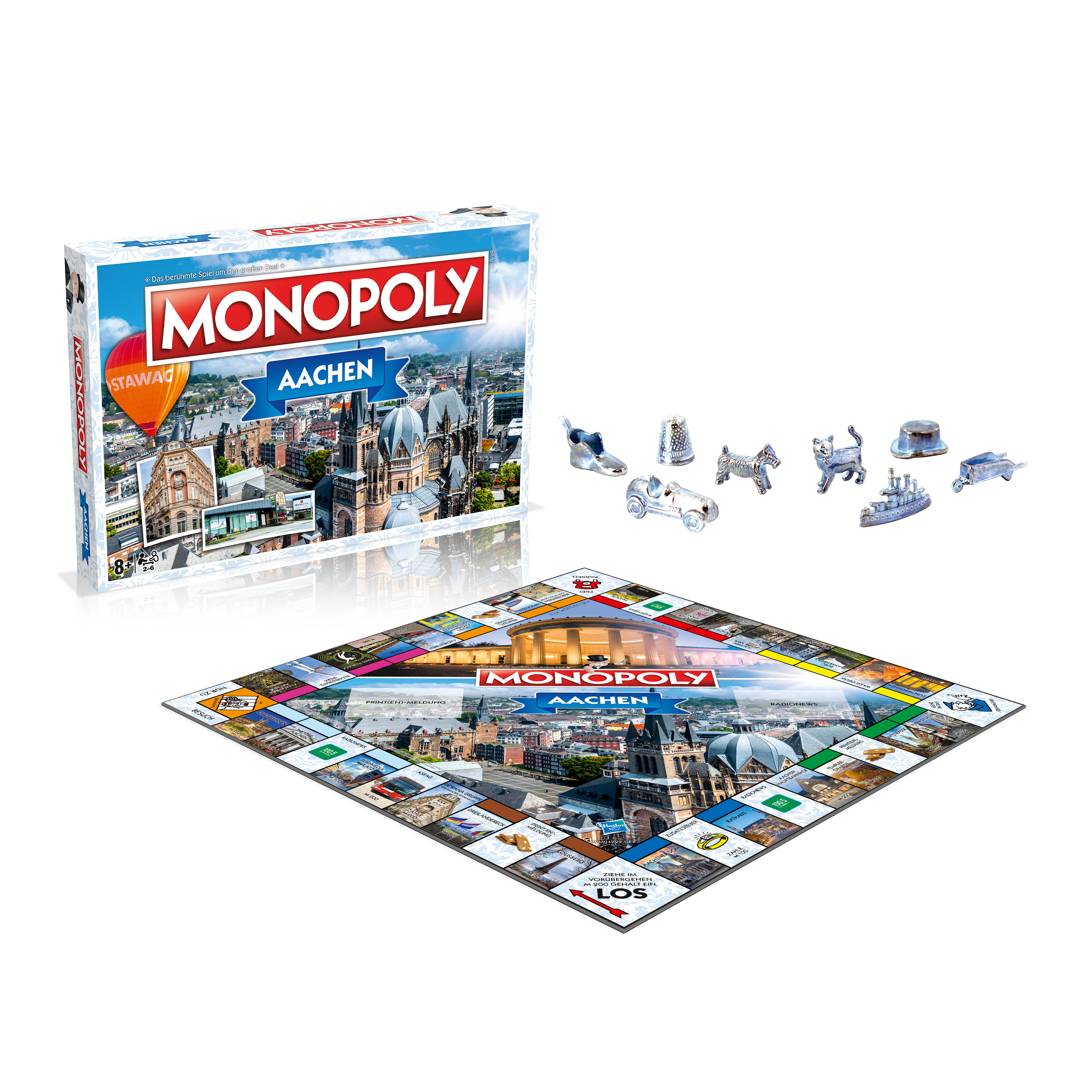 Monopoly-Brettspiel-Set mit Spielbrett und Spielfiguren. Schachtel zeigt Aachen.