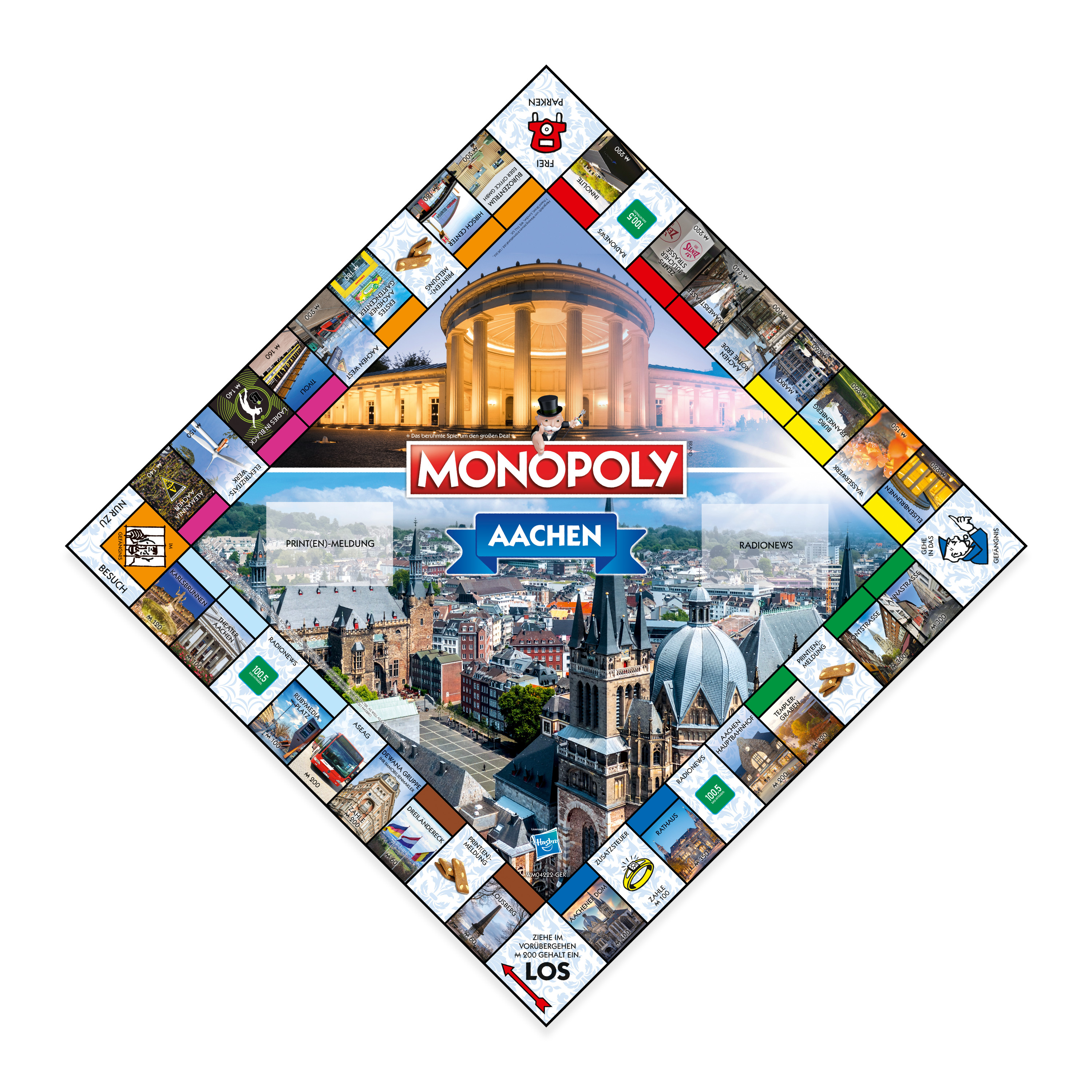 Monopoly-Brettspiel mit Stadtansicht, Aachen, Deutschland.