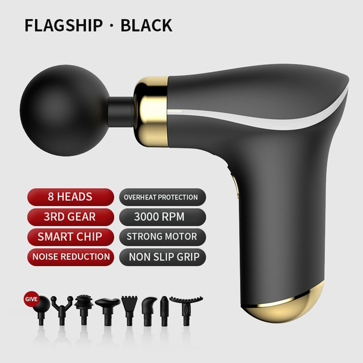 Eine schwarze Massagepistole mit goldenen Akzenten, verschiedenen Aufsätzen und Info-Labels.