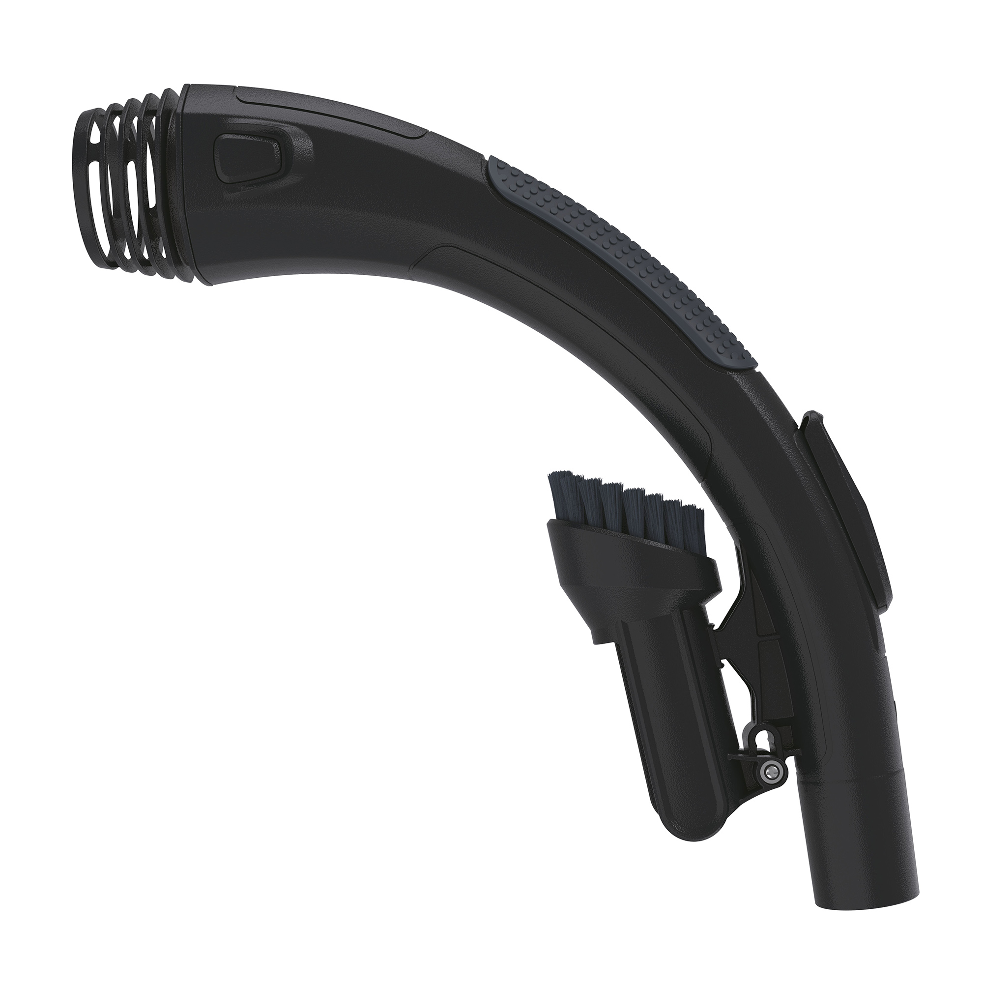 Czarny osprzęt do odkurzacza ze szczotką i zakrzywionym uchwytem na białym tle.
