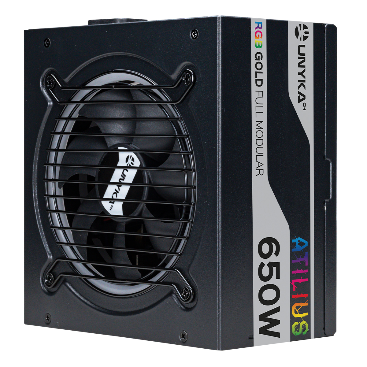 Alimentatore nero con ventola e scritta '650W'. Ha un design a griglia e colore nero.