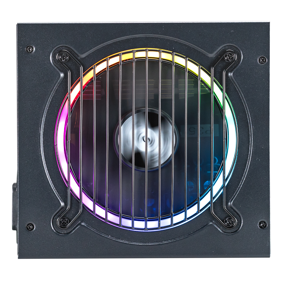 Alimentatore per computer quadrato con ventola e illuminazione RGB colorata.