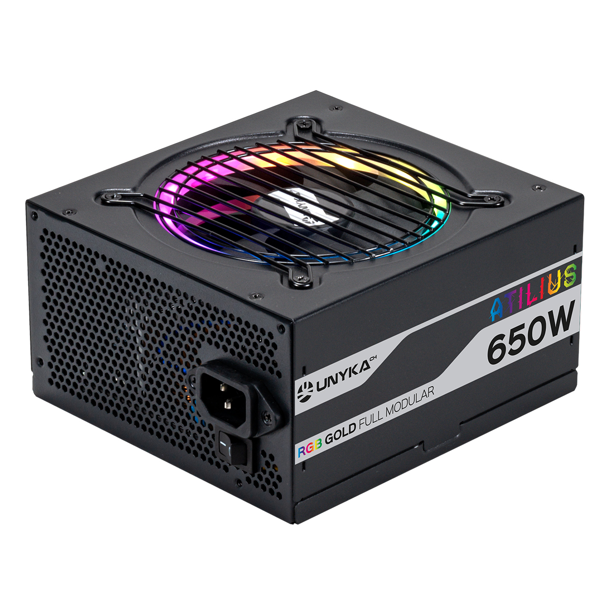 Alimentatore per computer nero. Ha una ventola con luci multicolore e il marchio è UNYKA.