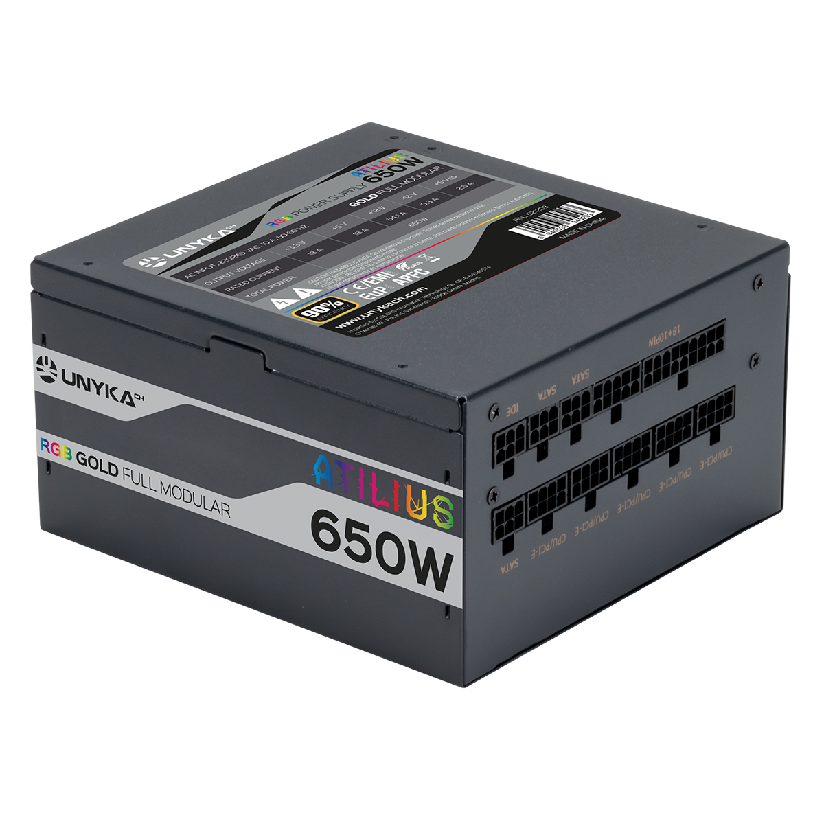 Un alimentatore grigio Unyka 650W. I testi includono "RG3 Gold" e "Atilius 650W".