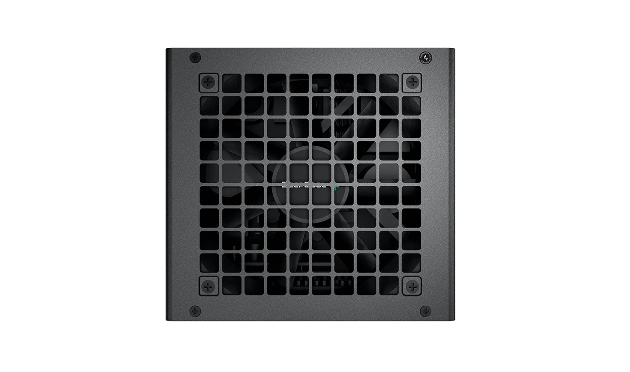 A computer power supply unit with a grid and a fan.