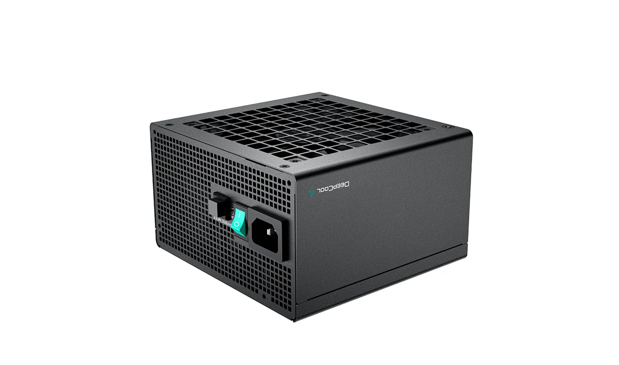 Black computer power supply with a grid top. The Deepcool brand is printed on the side.