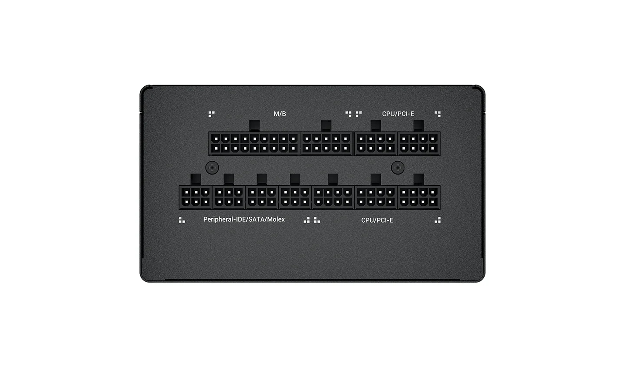 Black power supply unit showing the connectors. Includes M/B, CPU/PCI-E, and peripheral connectors.