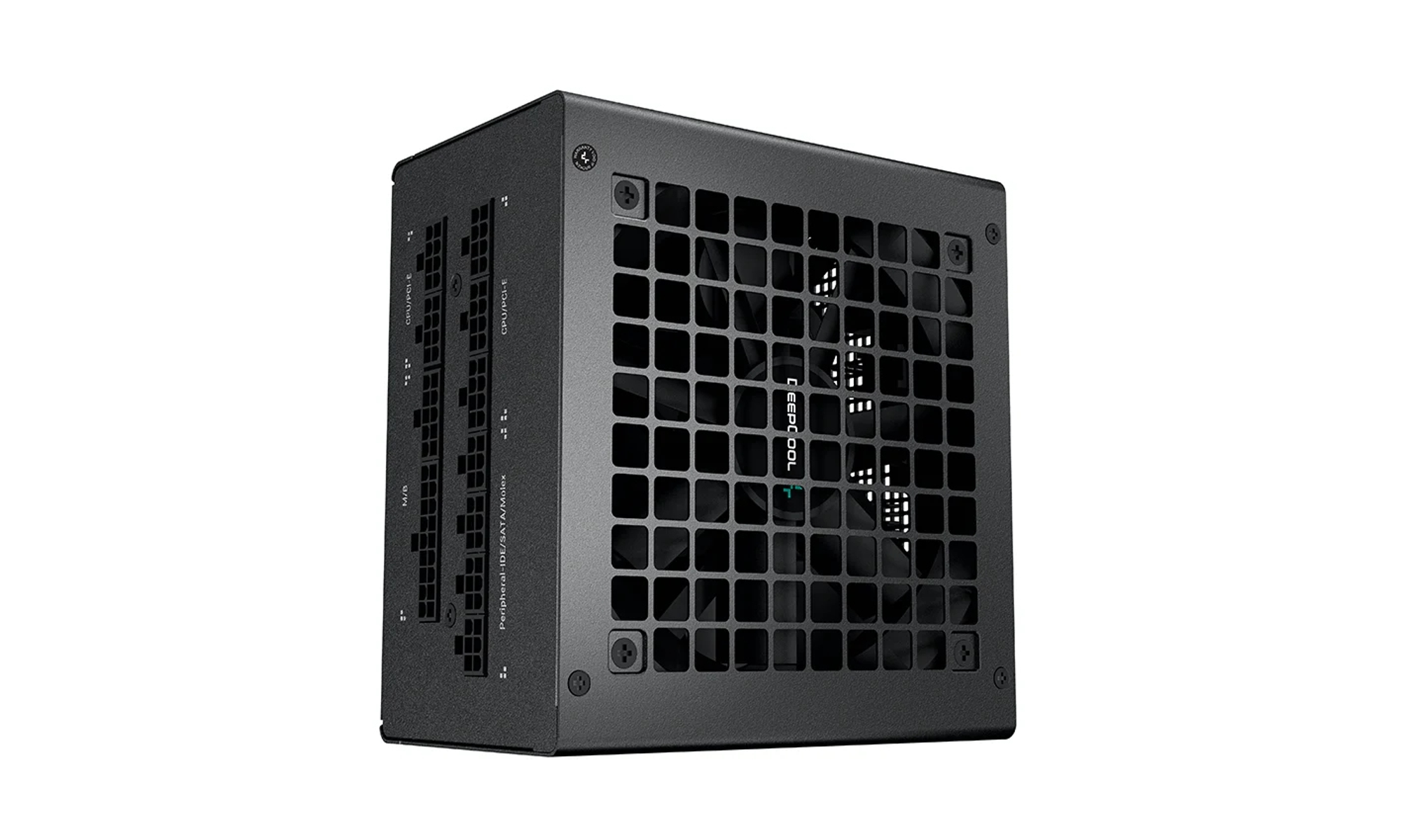 A black computer power supply unit with multiple ports and a grid-like fan cover.